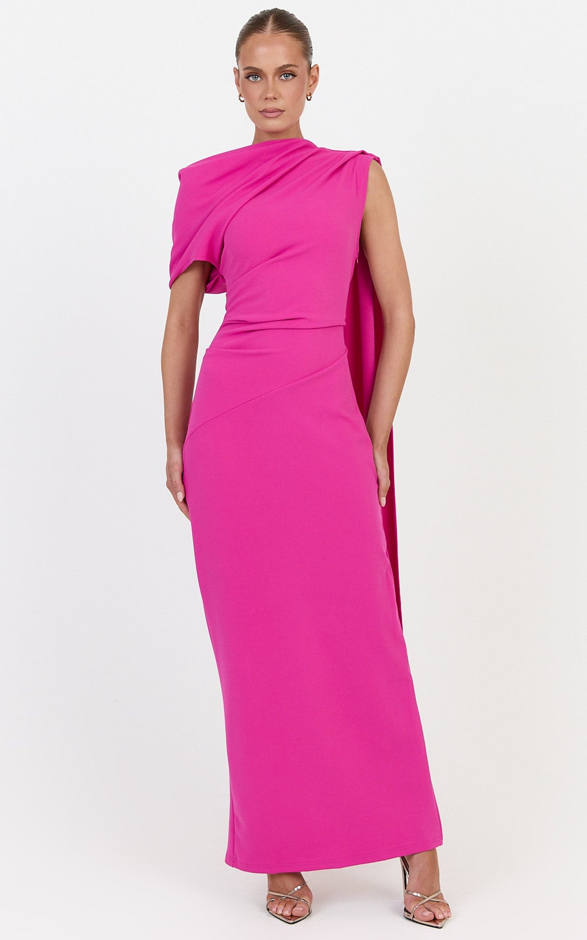 Visenta Midi Dress - Asymmetrical Sleeve Dress in Fuchsia