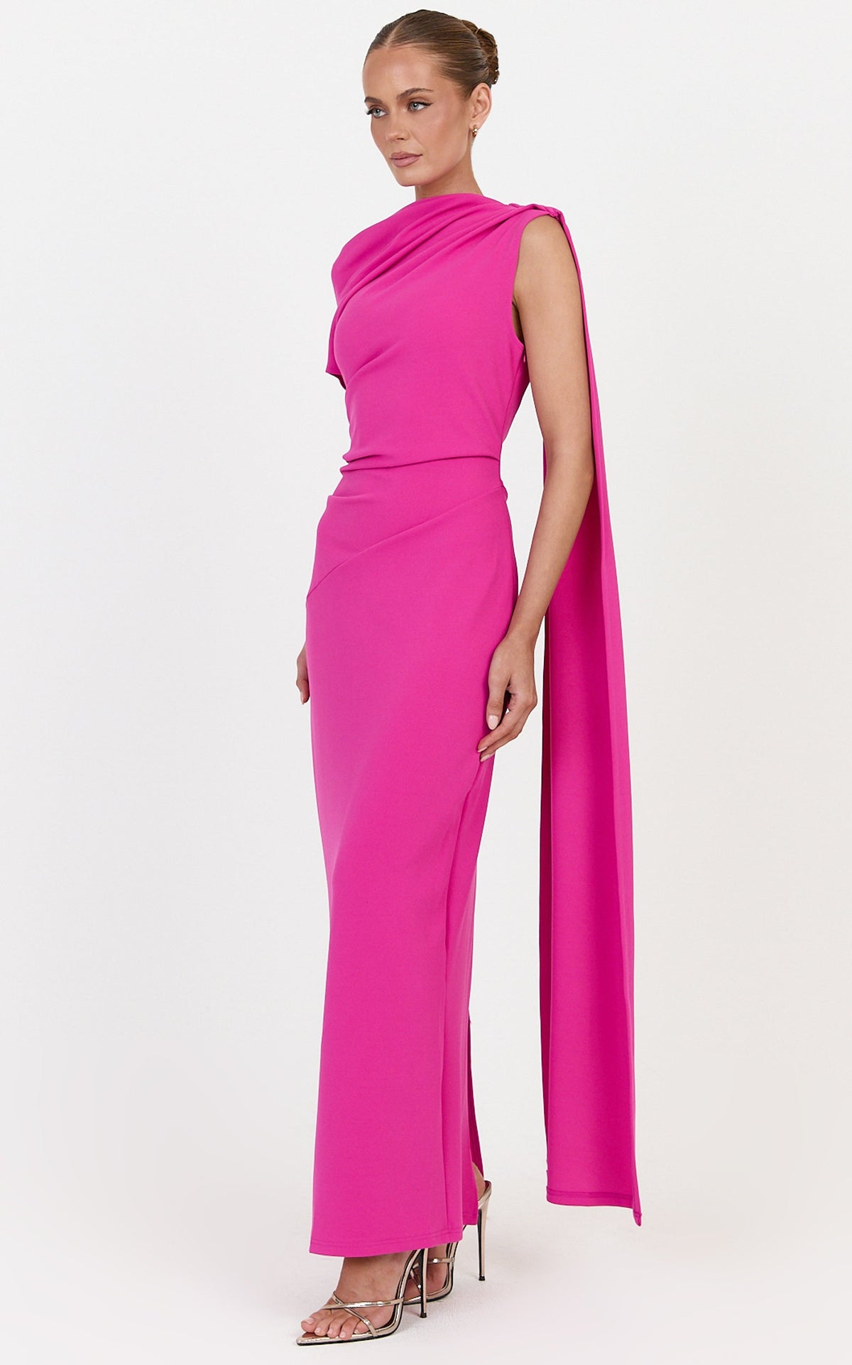 Visenta Midi Dress - Asymmetrical Sleeve Dress in Fuchsia