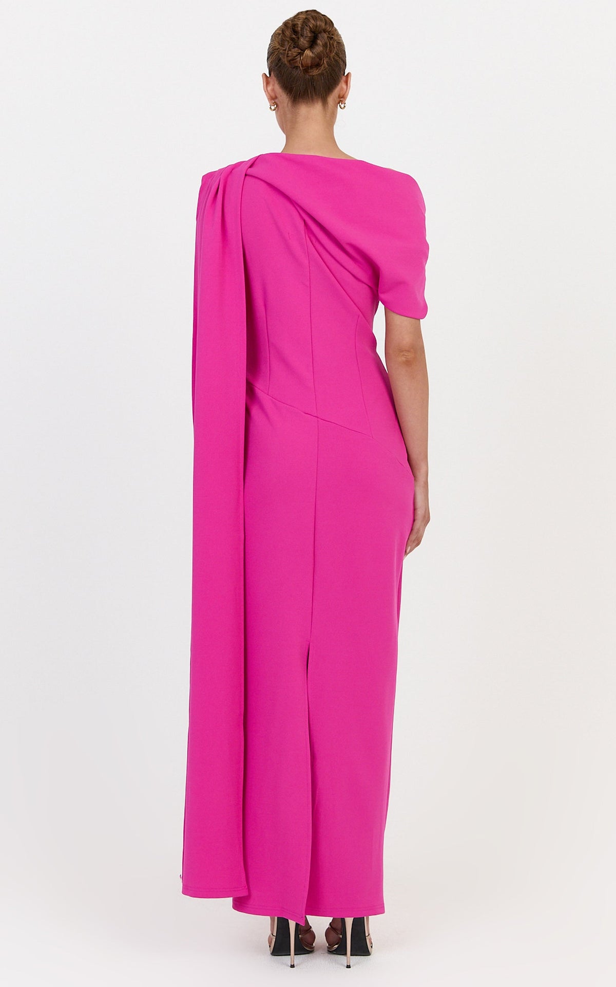 Visenta Midi Dress - Asymmetrical Sleeve Dress in Fuchsia