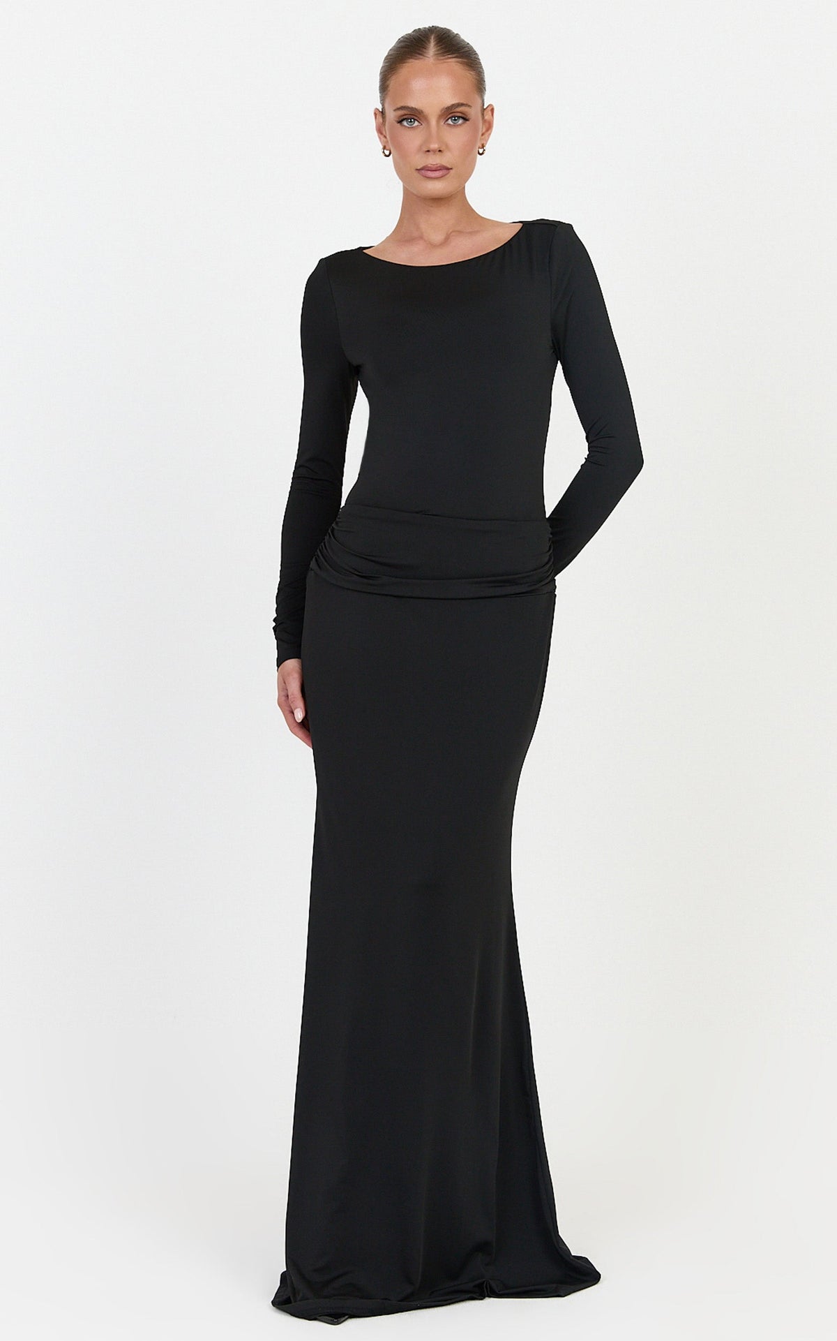 Maud Maxi Dress - Long Sleeve Open Back Dress With Hip Ruching Detail in Black