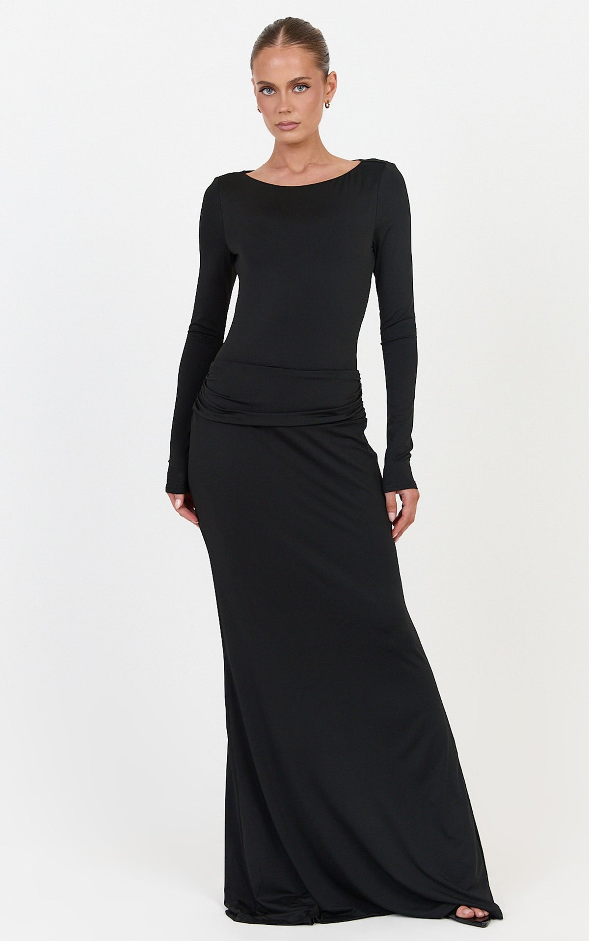 Maud Maxi Dress - Long Sleeve Open Back Dress With Hip Ruching Detail in Black