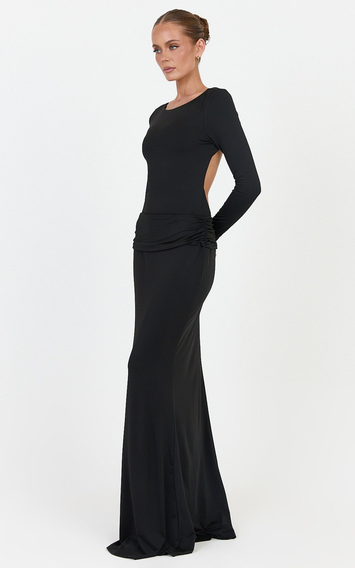 Maud Maxi Dress - Long Sleeve Open Back Dress With Hip Ruching Detail in Black
