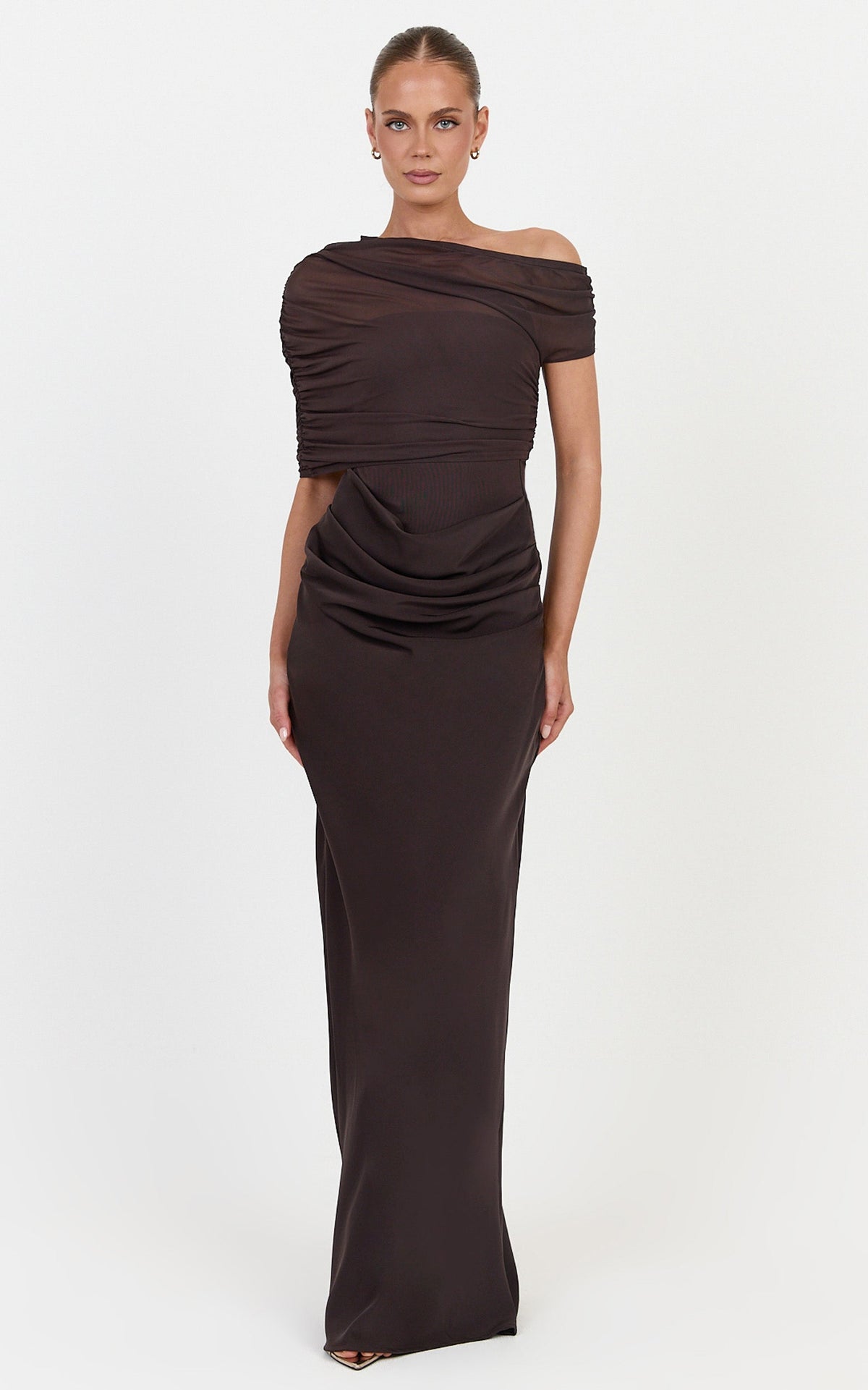 Nami Maxi Dress - Overlay Off Shoulder Draped Cowl Waist Dress in Chocolate