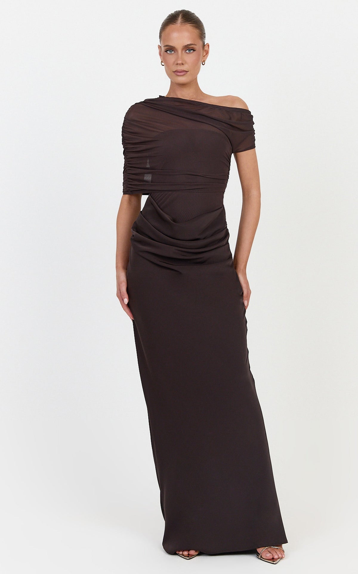 Nami Maxi Dress - Overlay Off Shoulder Draped Cowl Waist Dress in Chocolate