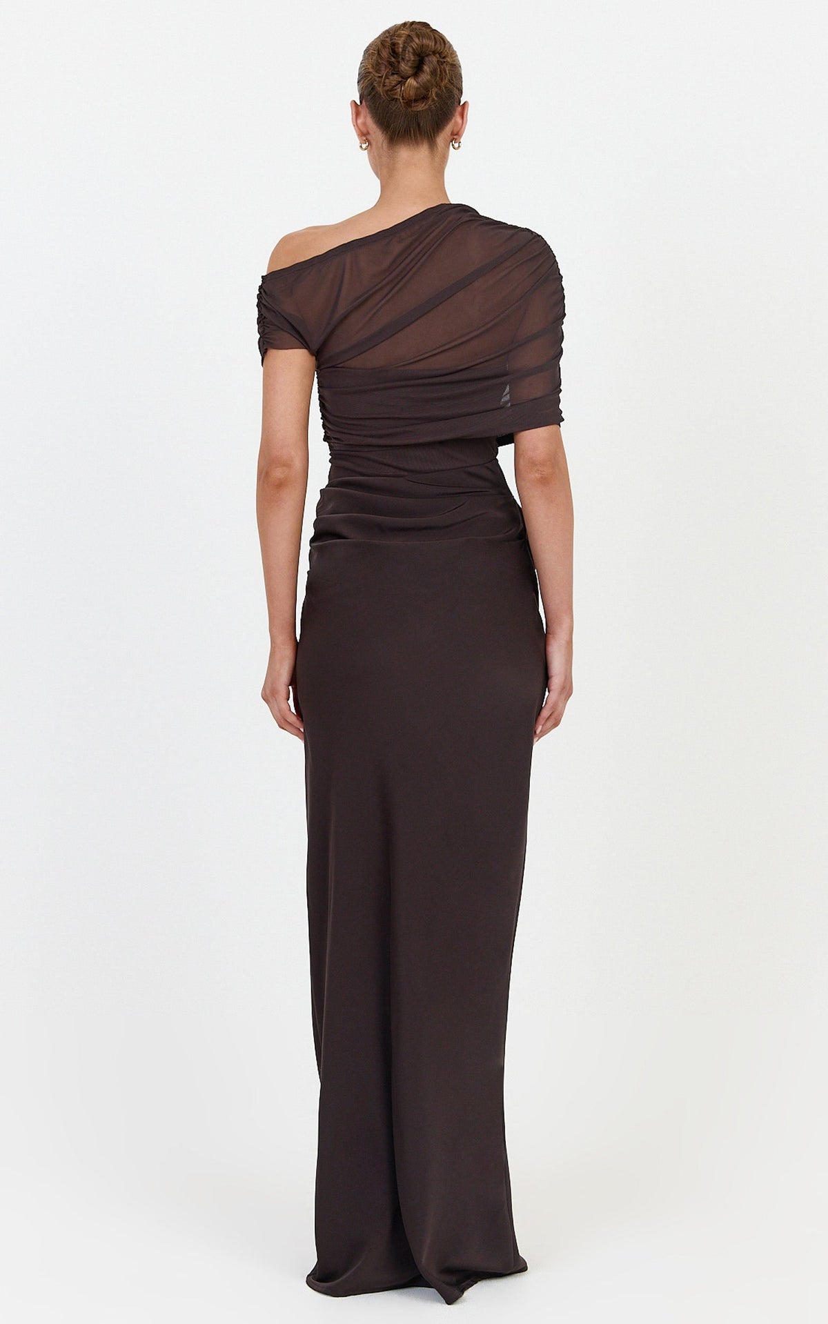 Nami Maxi Dress - Overlay Off Shoulder Draped Cowl Waist Dress in Chocolate