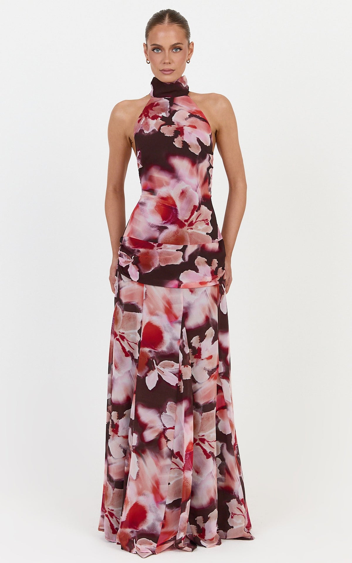 Cordelia Maxi Dress - High Neckline Racer Back Dress in Midnight Blossoms Print