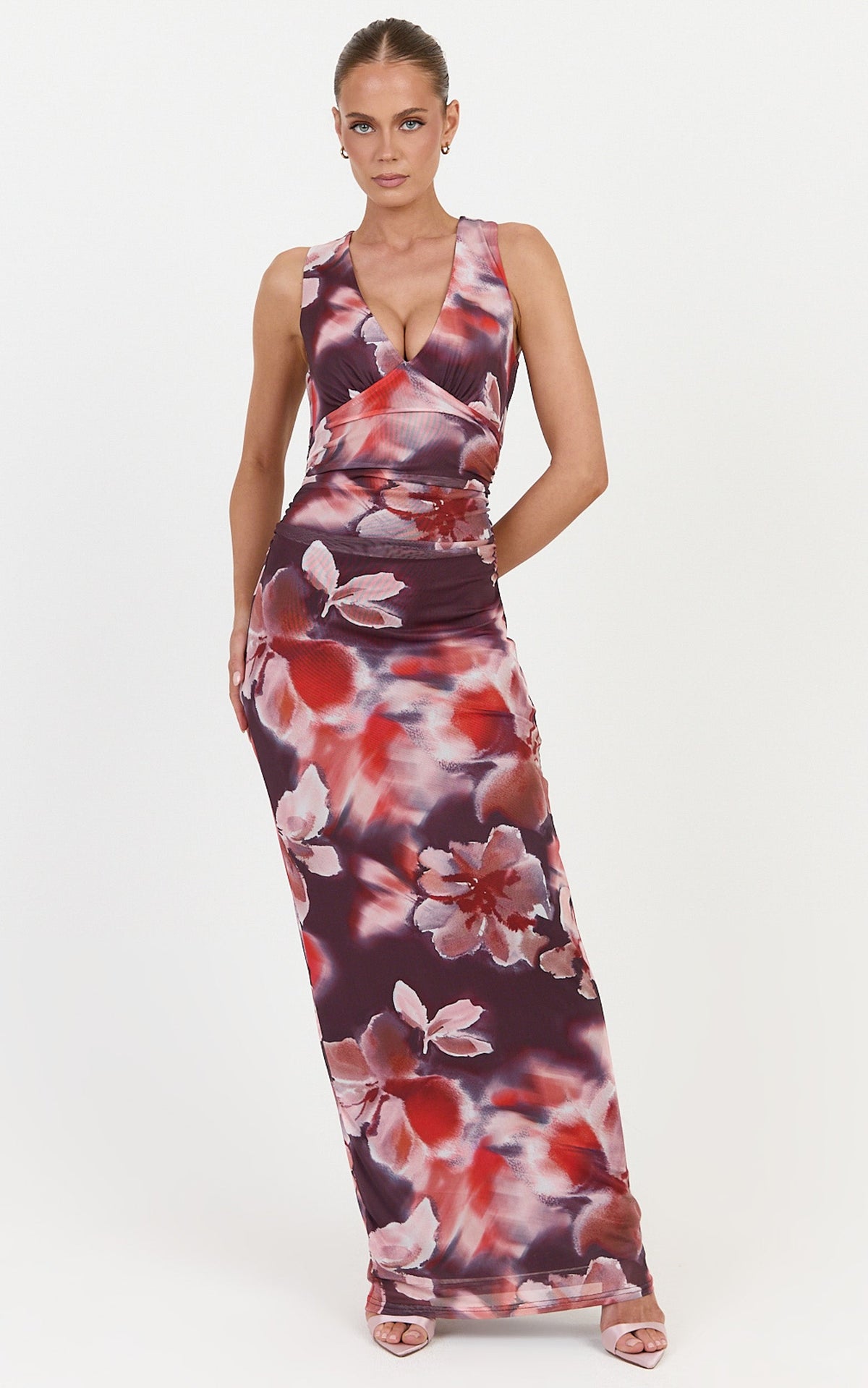 Cordelia Maxi Dress - V Neckline Ruched Bodice Dress in Midnight Blossoms Print