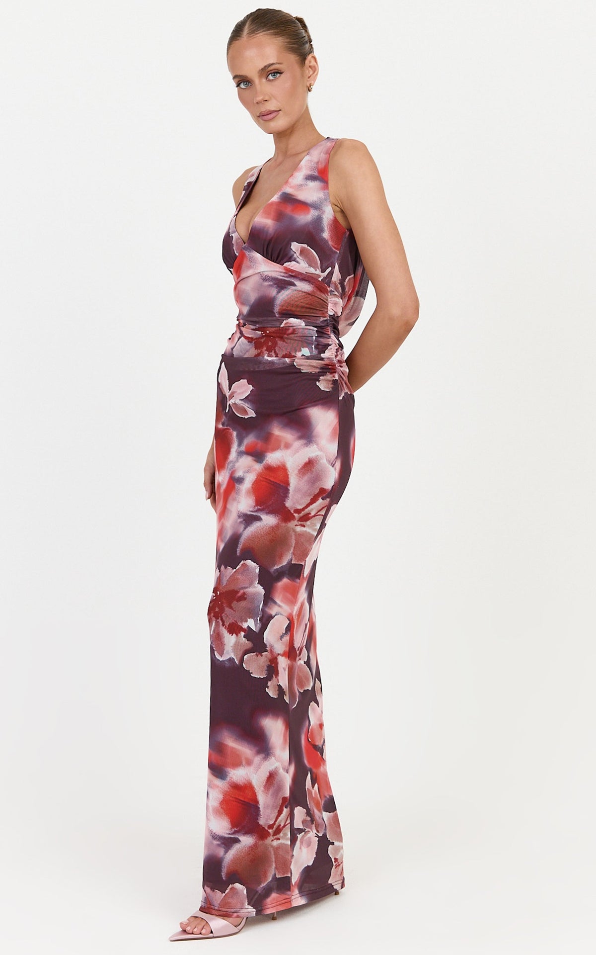 Cordelia Maxi Dress - V Neckline Ruched Bodice Dress in Midnight Blossoms Print