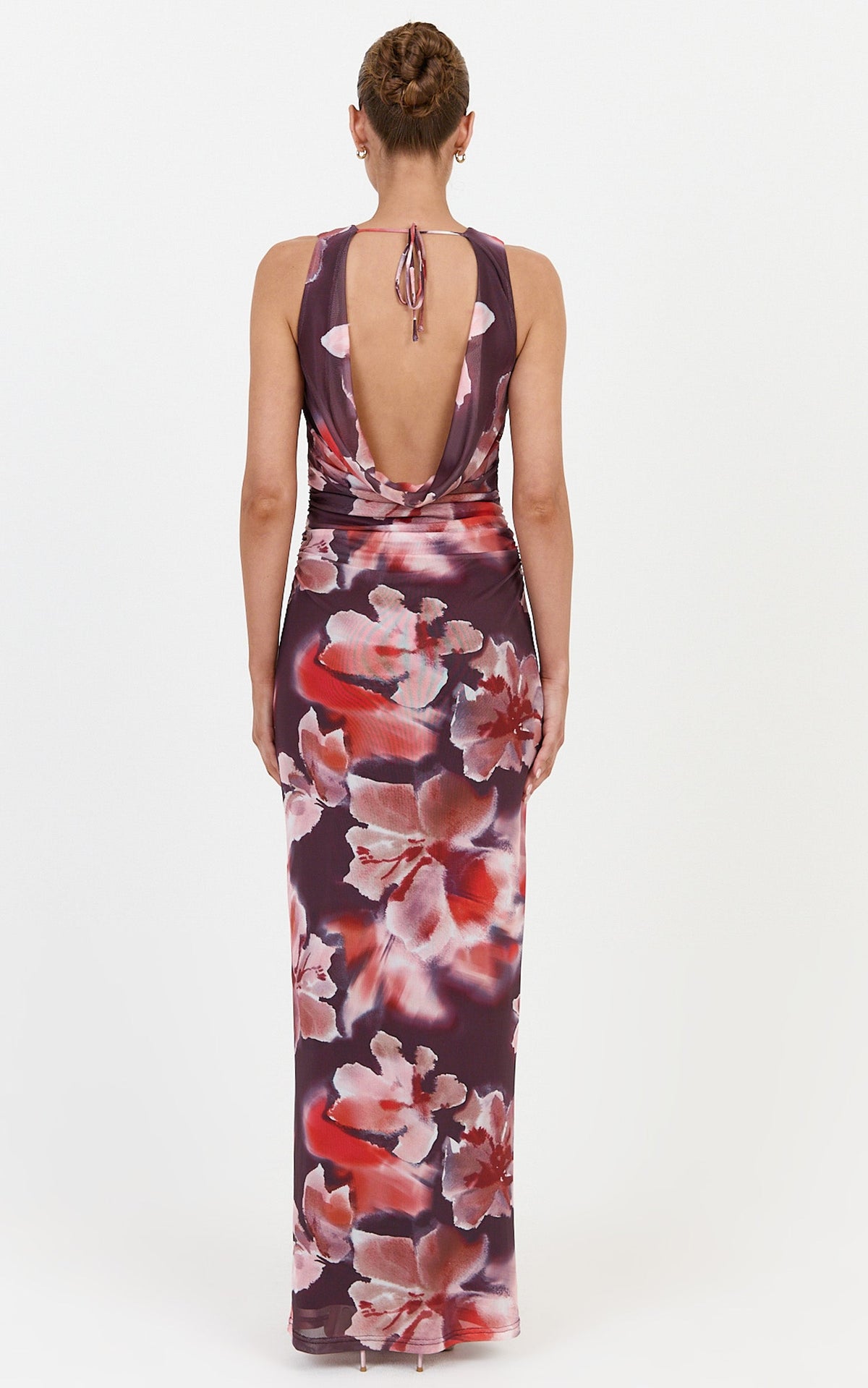 Cordelia Maxi Dress - V Neckline Ruched Bodice Dress in Midnight Blossoms Print