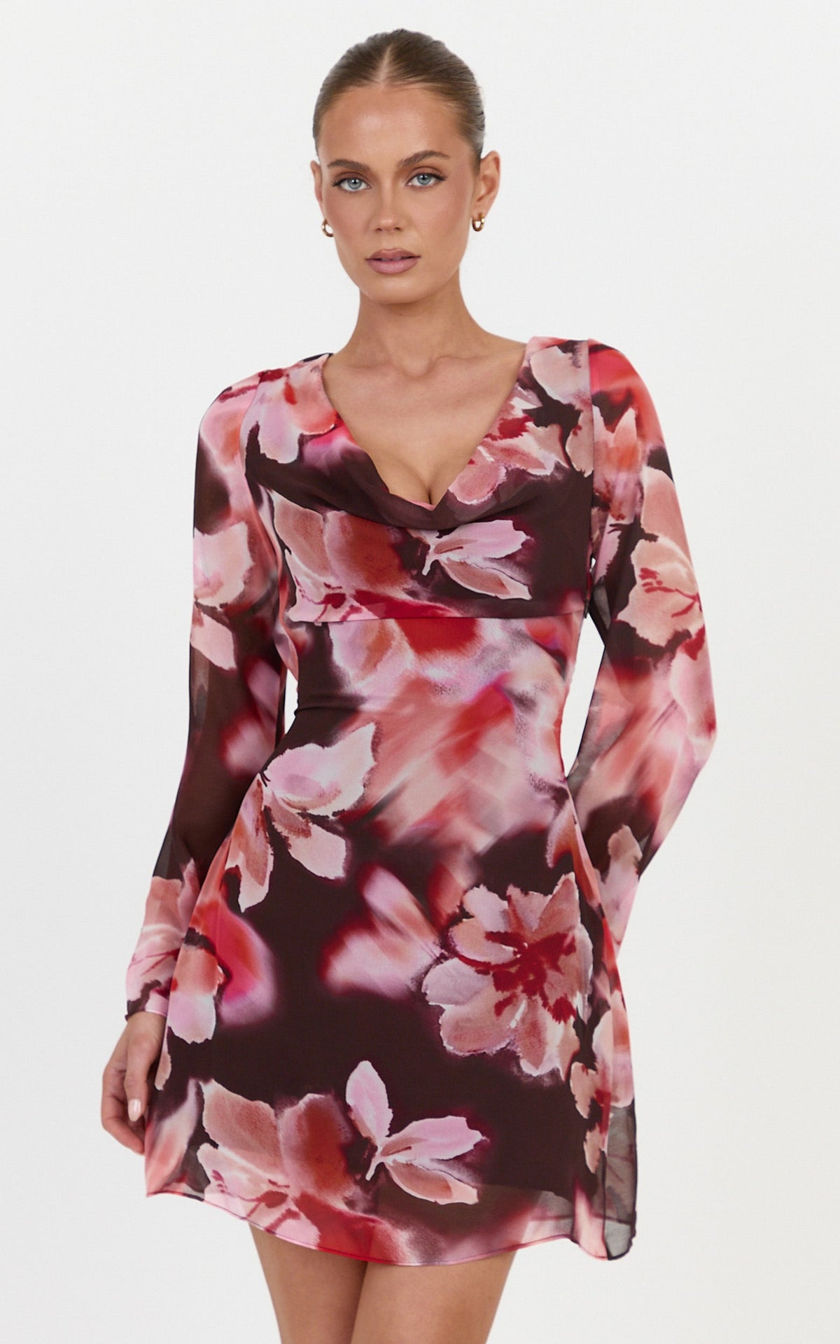 Cordelia Mini Dress - Backless Long Sleeve Cowl Neck Dress in Midnight Blossoms Print