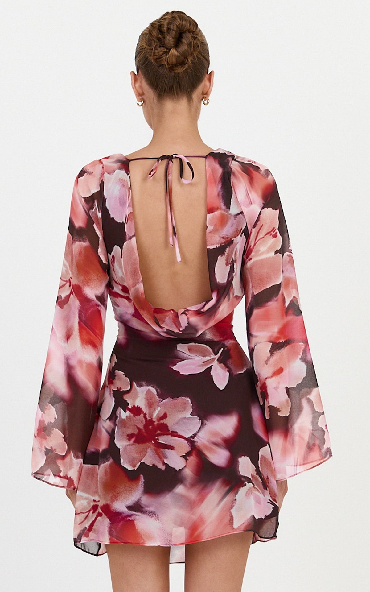 Cordelia Mini Dress - Backless Long Sleeve Cowl Neck Dress in Midnight Blossoms Print