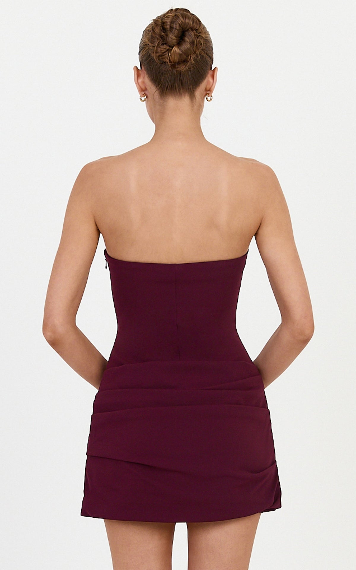 Marcella Mini Dress - Strapless Square Neck Corset Bodice Dress With Hip Tuck Detail Skirt in Wine