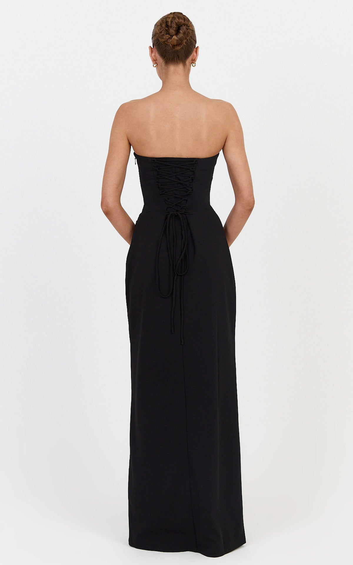 Marcella Maxi Dress - Strapless Square Neck Corset Bodice Dress With Leg Split And Tuck Detail in Black