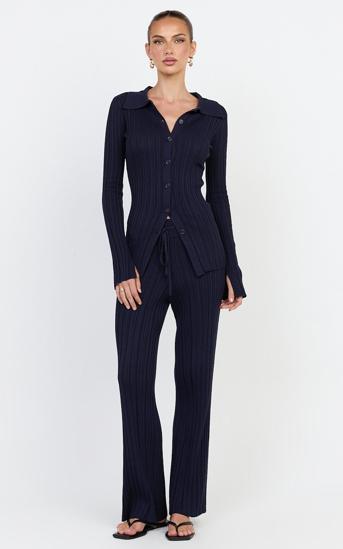 Kelsey Pants - High Drawstring Waist Knit Pants in Navy