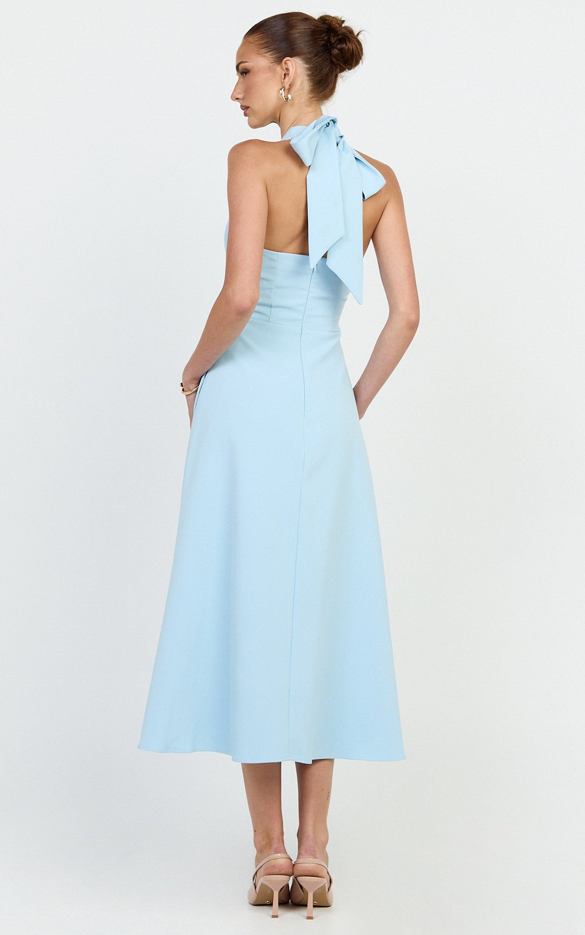 Karissa Midi Dress - Halter Neck Fit and Flare Midi Dress in Pale Blue