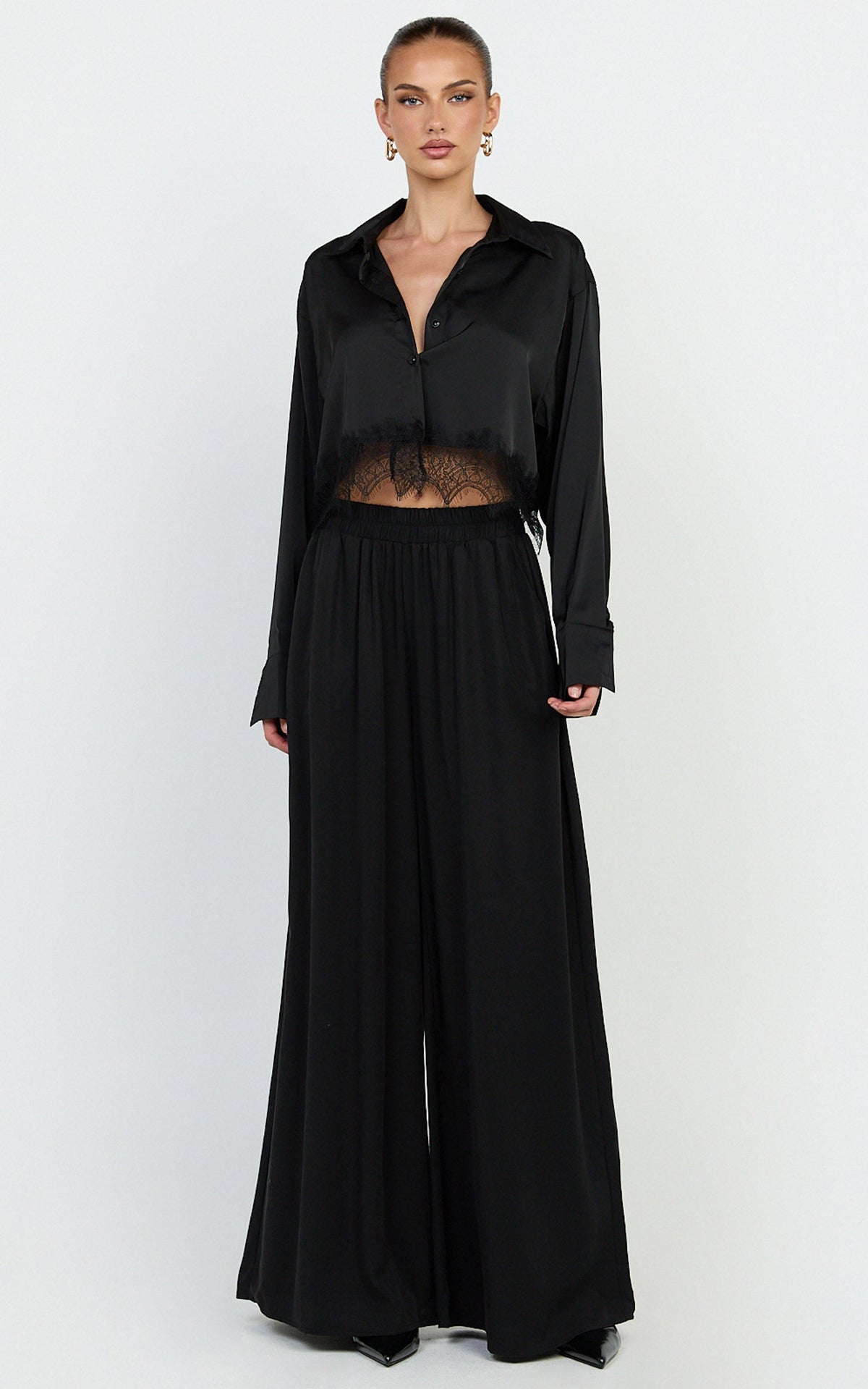 Cardi Pants - High Waist Elastic Wide Leg Pants in Black