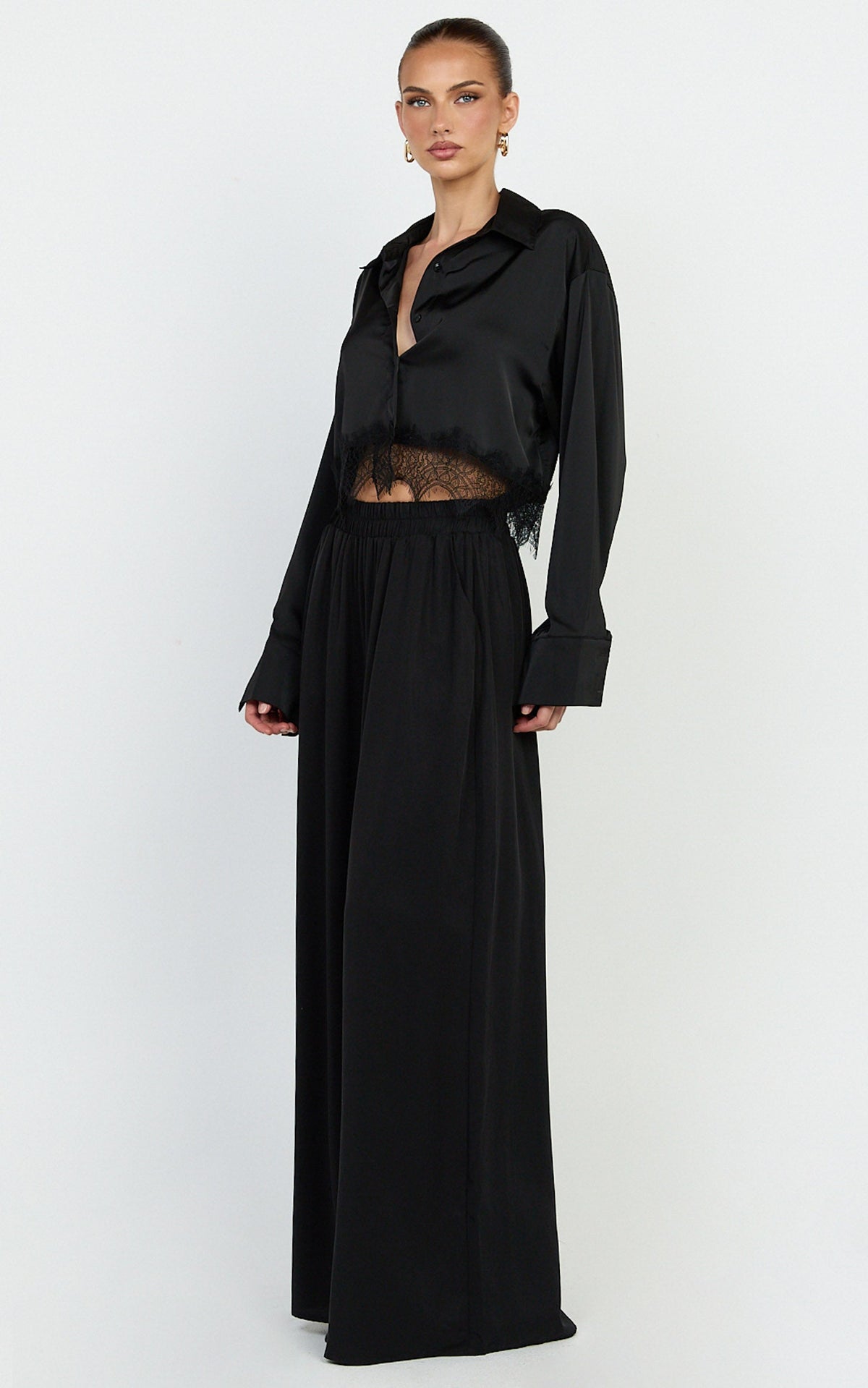 Cardi Pants - High Waist Elastic Wide Leg Pants in Black