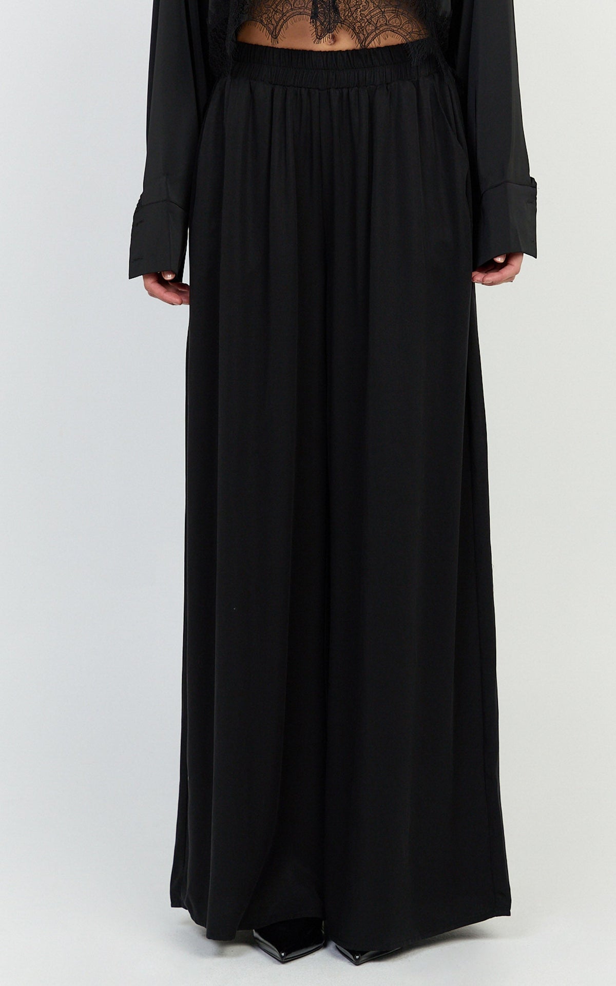 Cardi Pants - High Waist Elastic Wide Leg Pants in Black
