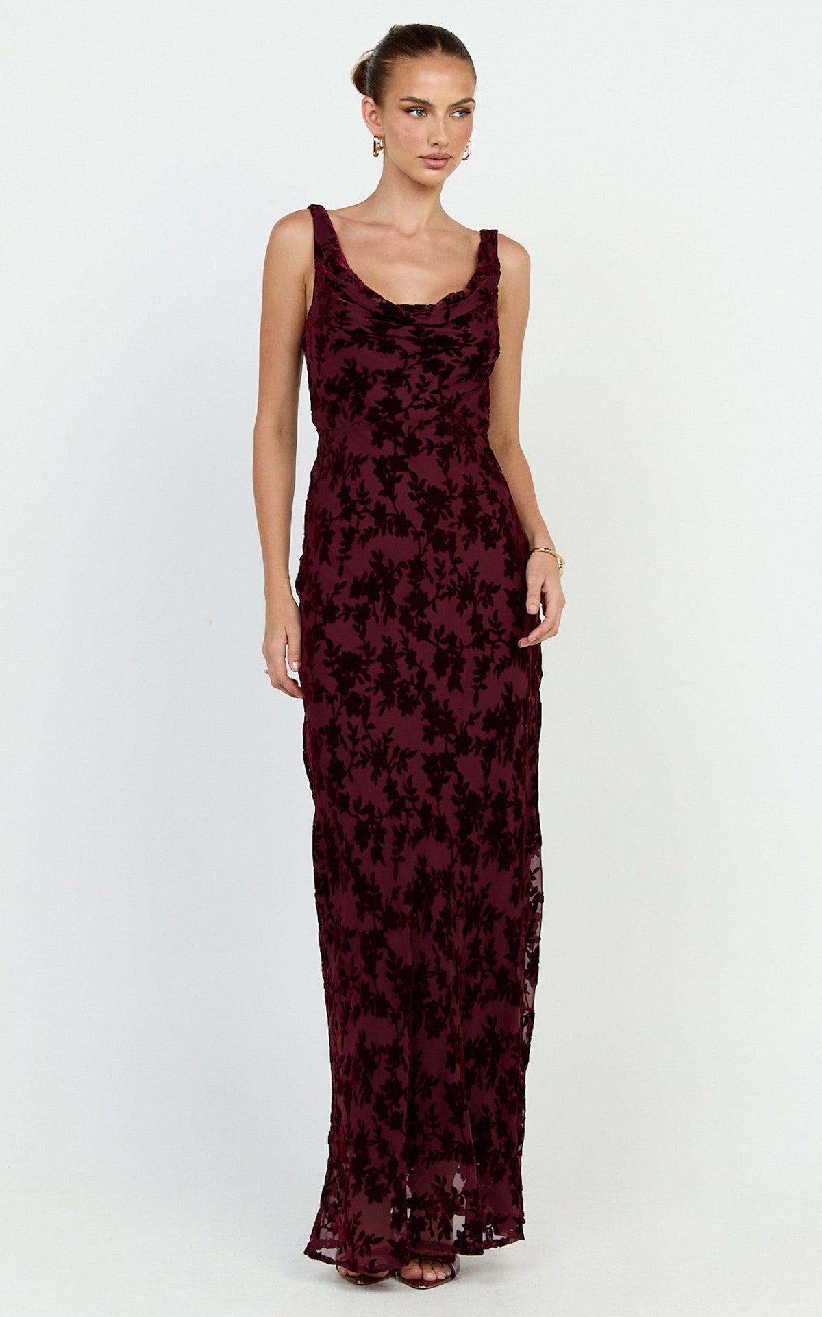 June Maxi Dress - Cowl Neck Scooped Back Slip Dress in Wine