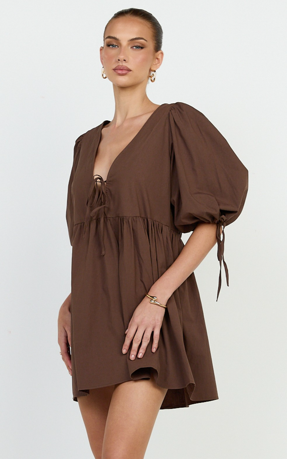 Rosita Mini Dress - Tie Front Puff Sleeve Dress in Chocolate