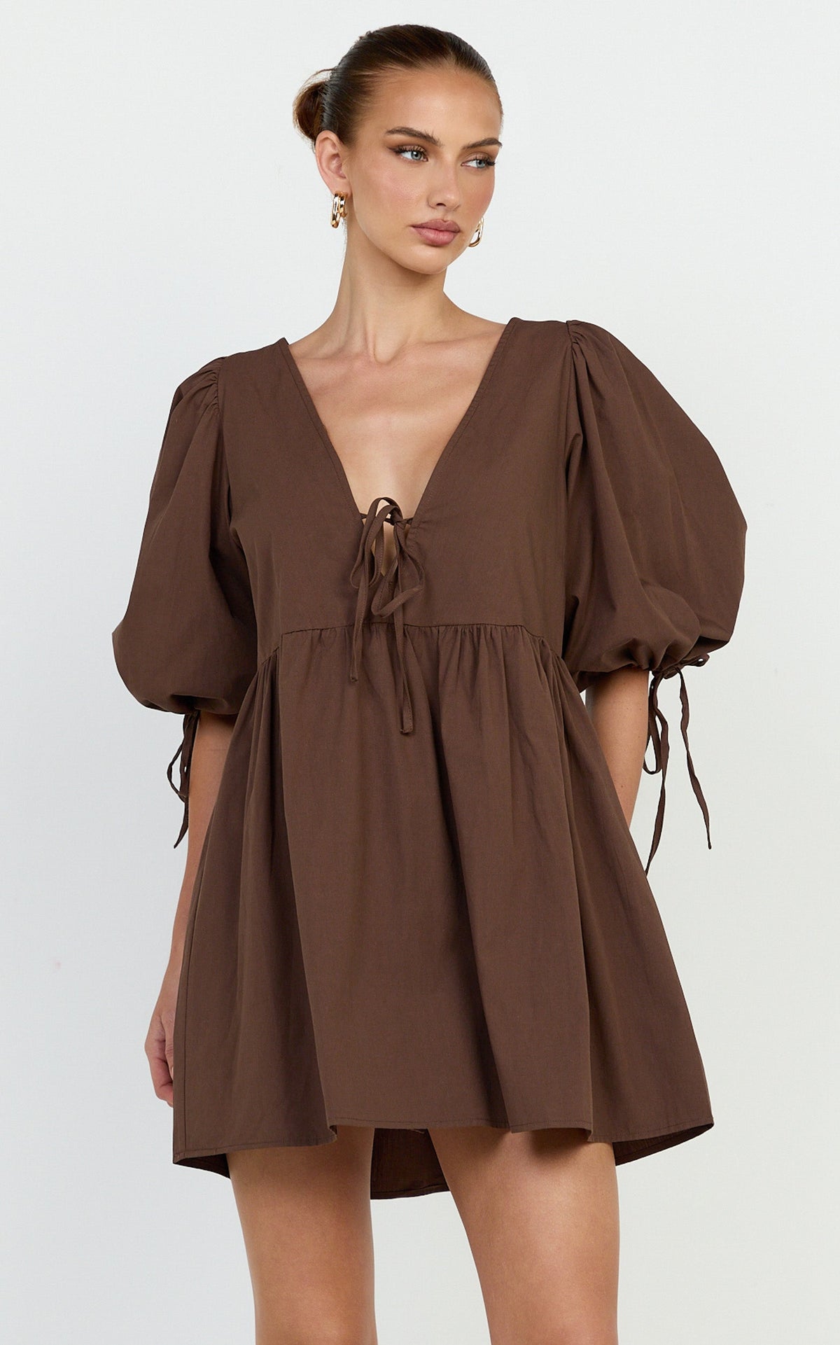 Rosita Mini Dress - Tie Front Puff Sleeve Dress in Chocolate