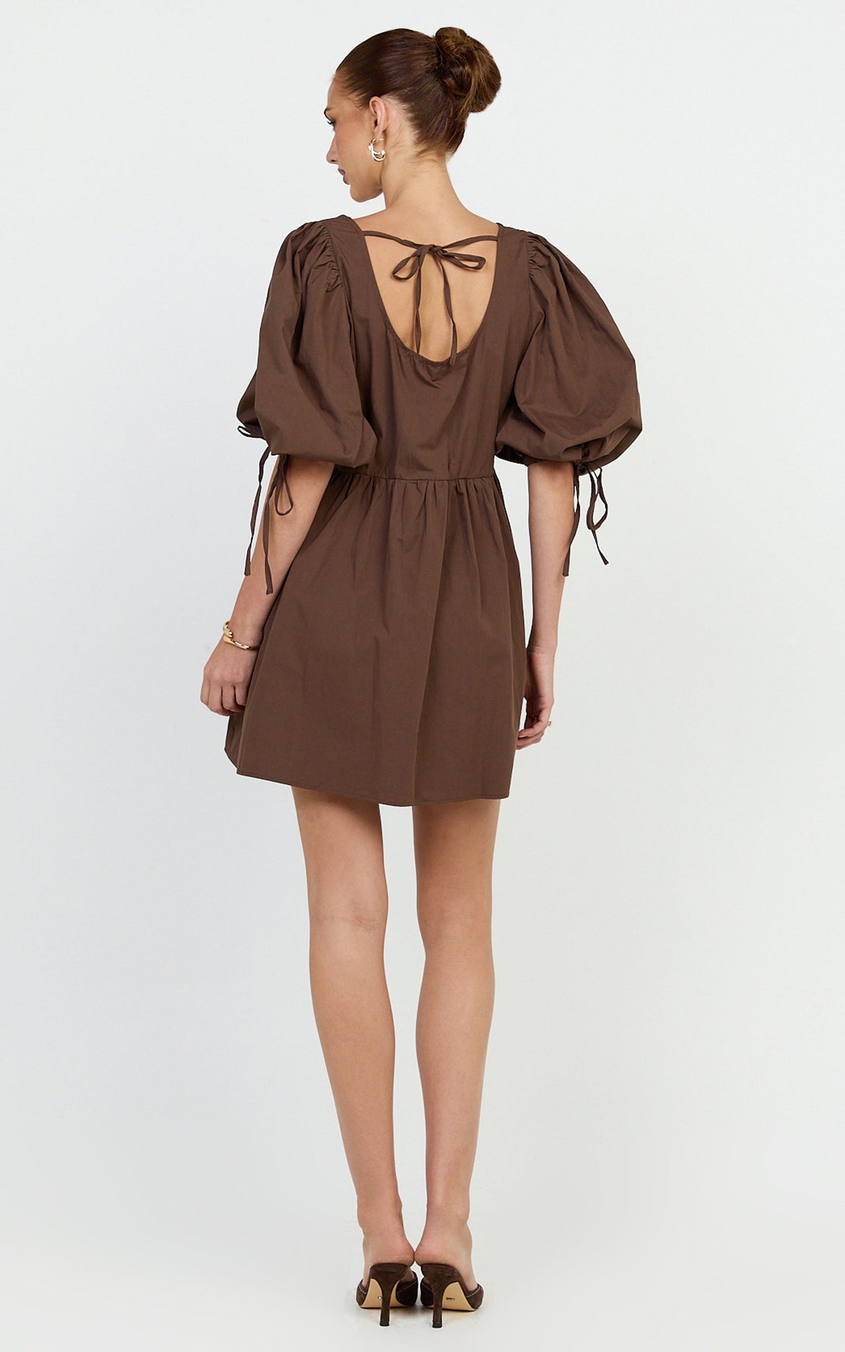 Rosita Mini Dress - Tie Front Puff Sleeve Dress in Chocolate