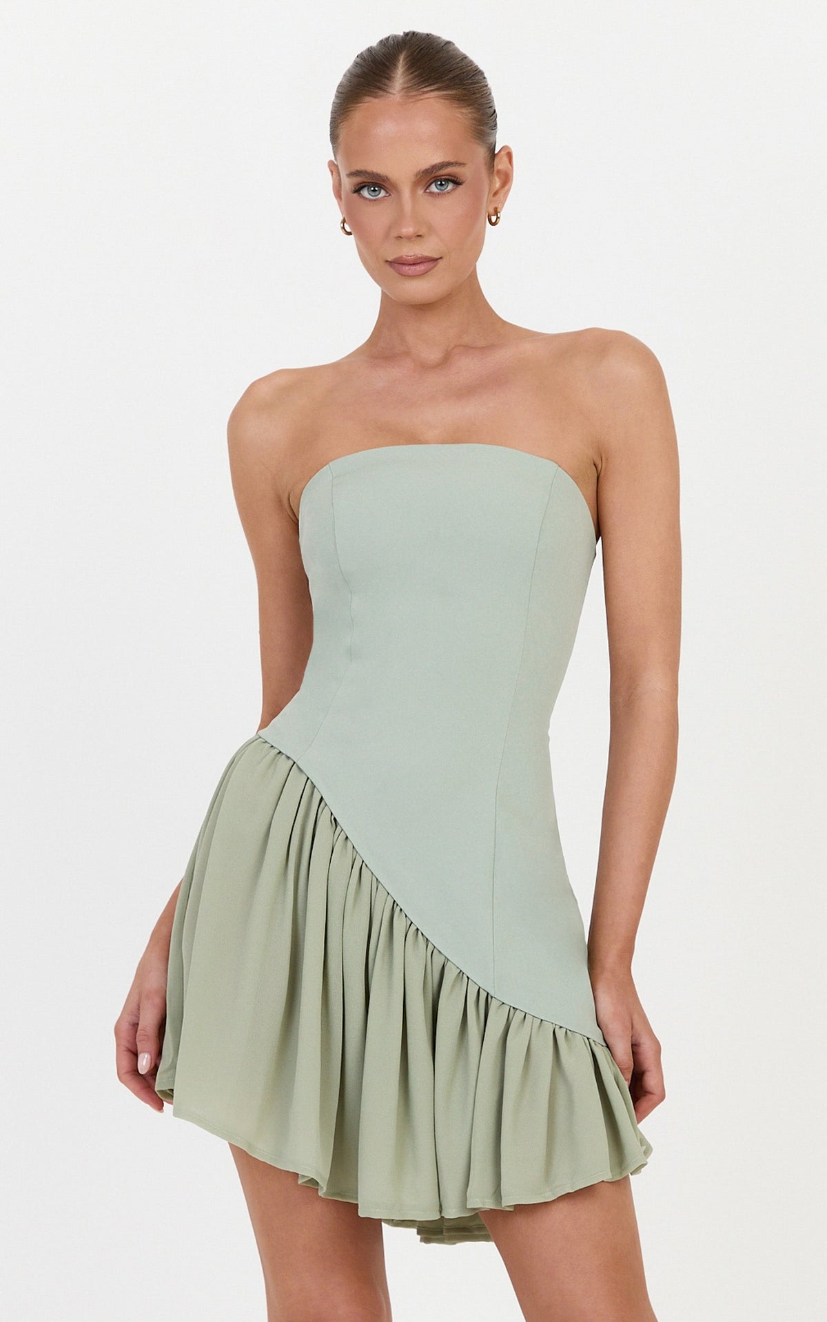 Calla Mini Dress - Strapless Gathered Asymmetric Dropped Waist Dress in Sage