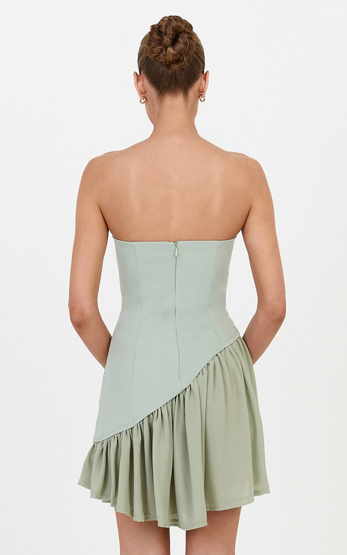 Calla Mini Dress - Strapless Gathered Asymmetric Dropped Waist Dress in Sage