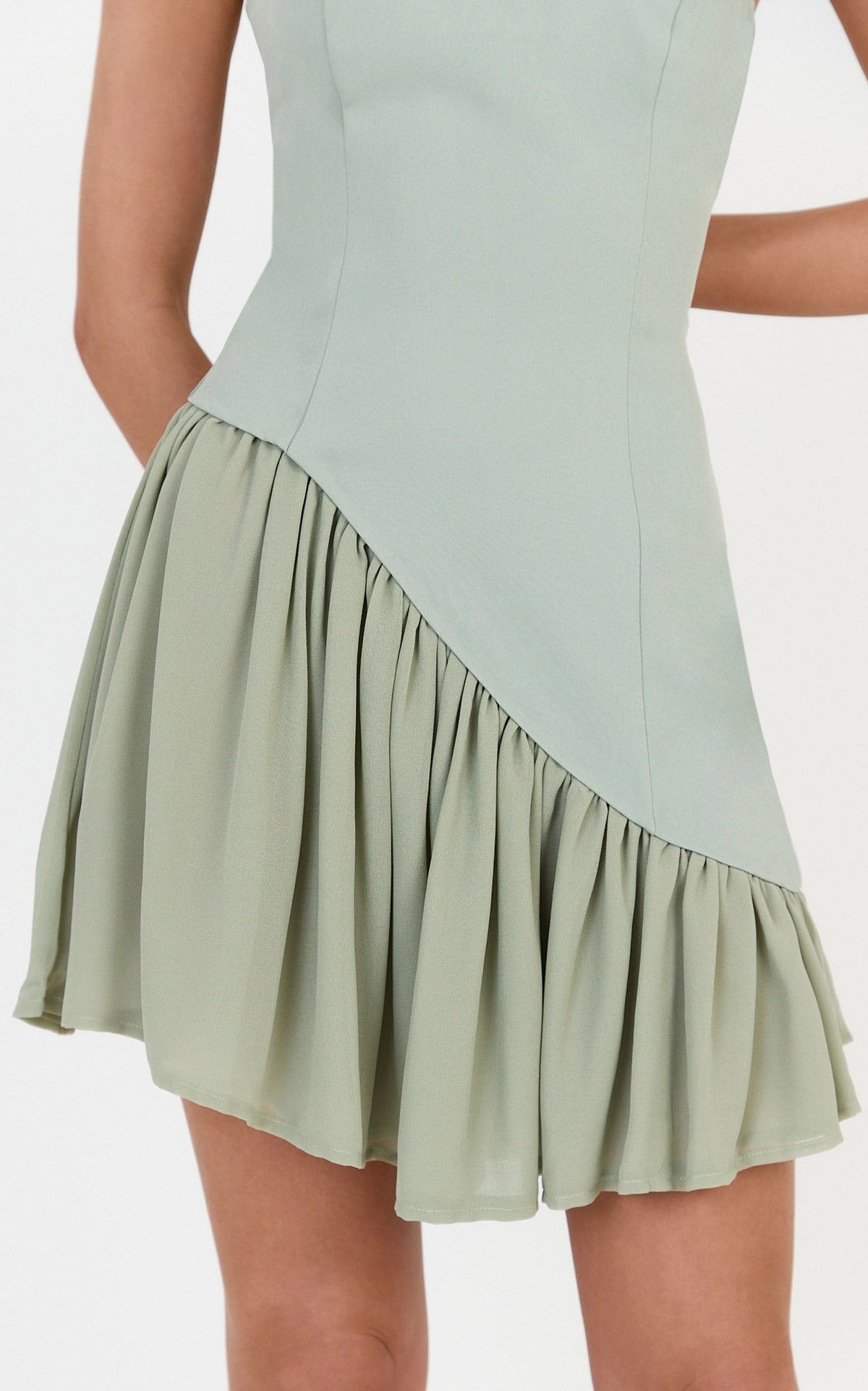 Calla Mini Dress - Strapless Gathered Asymmetric Dropped Waist Dress in Sage