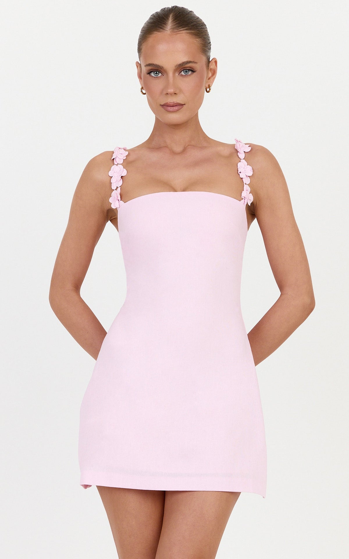 Clementine Mini Dress -  3D Floral Strap Dress in Pink