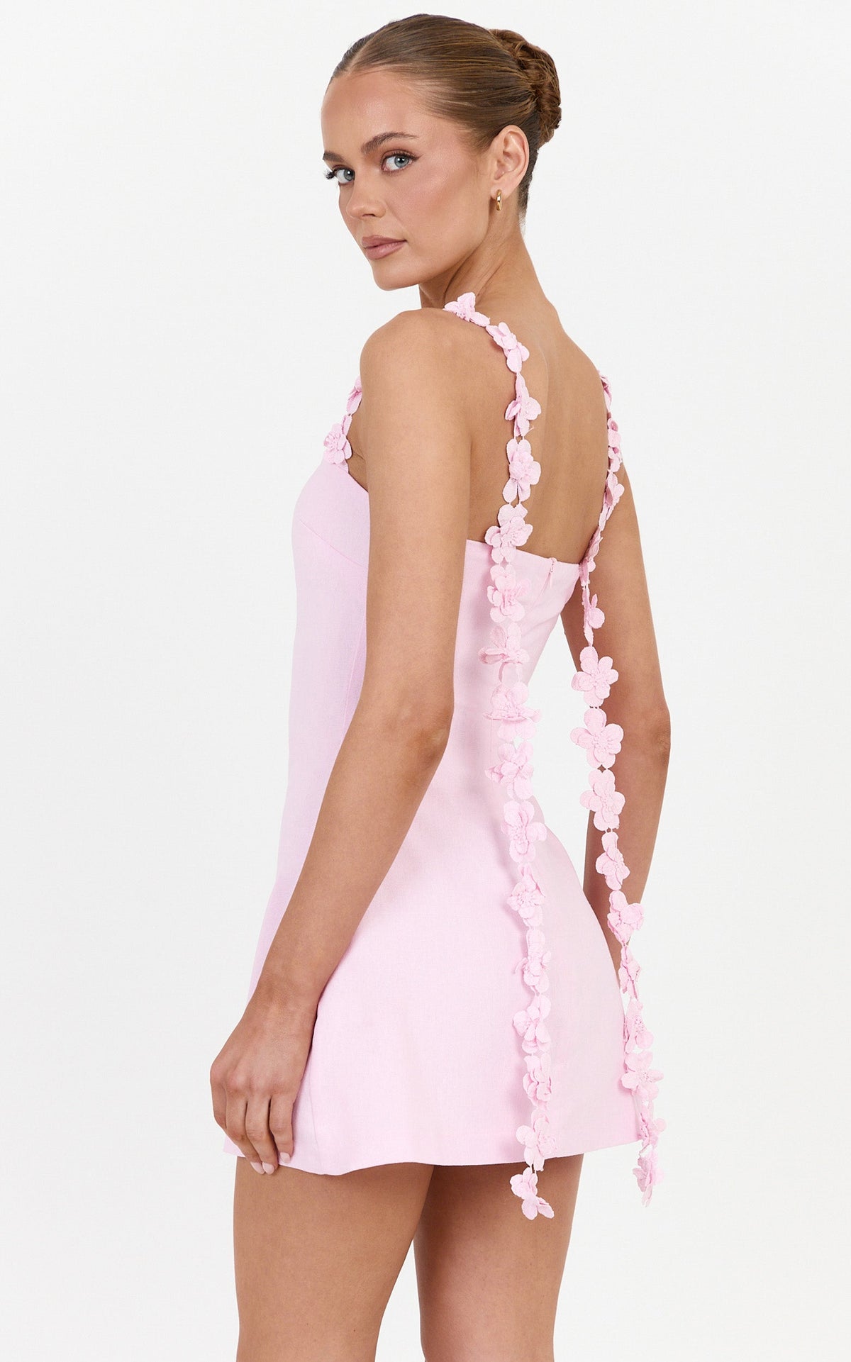 Clementine Mini Dress -  3D Floral Strap Dress in Pink