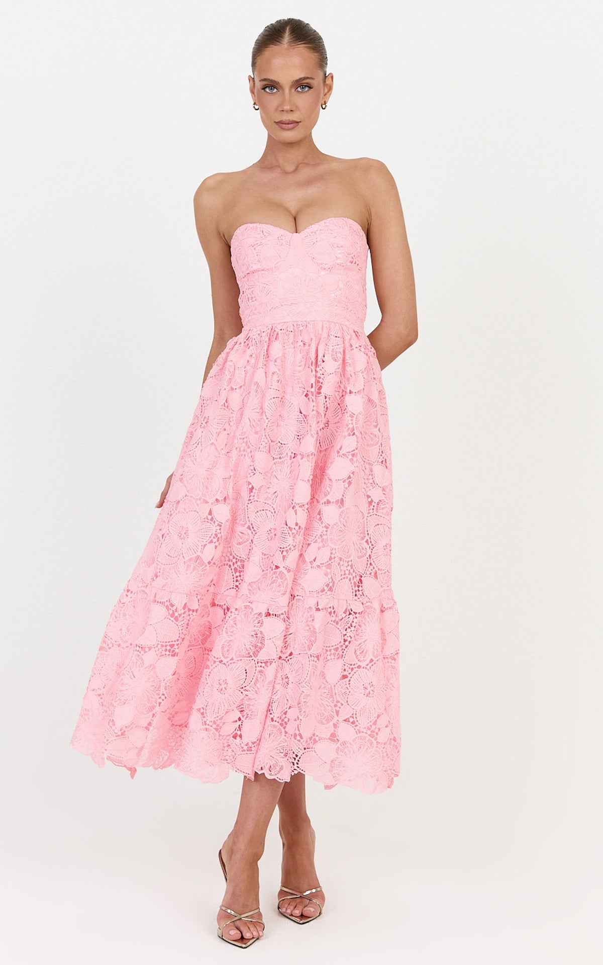 Gabriela Midi Dress - Strapless Lace Dress in Light Pink