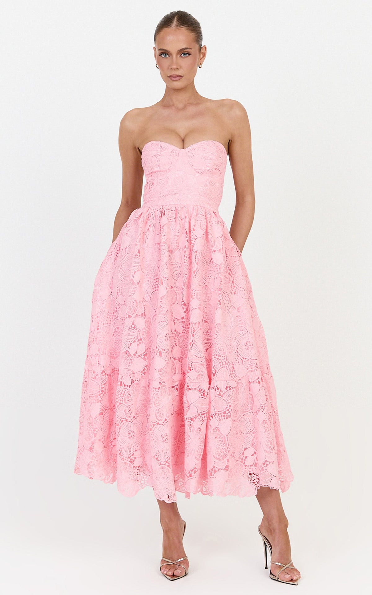 Gabriela Midi Dress - Strapless Lace Dress in Light Pink