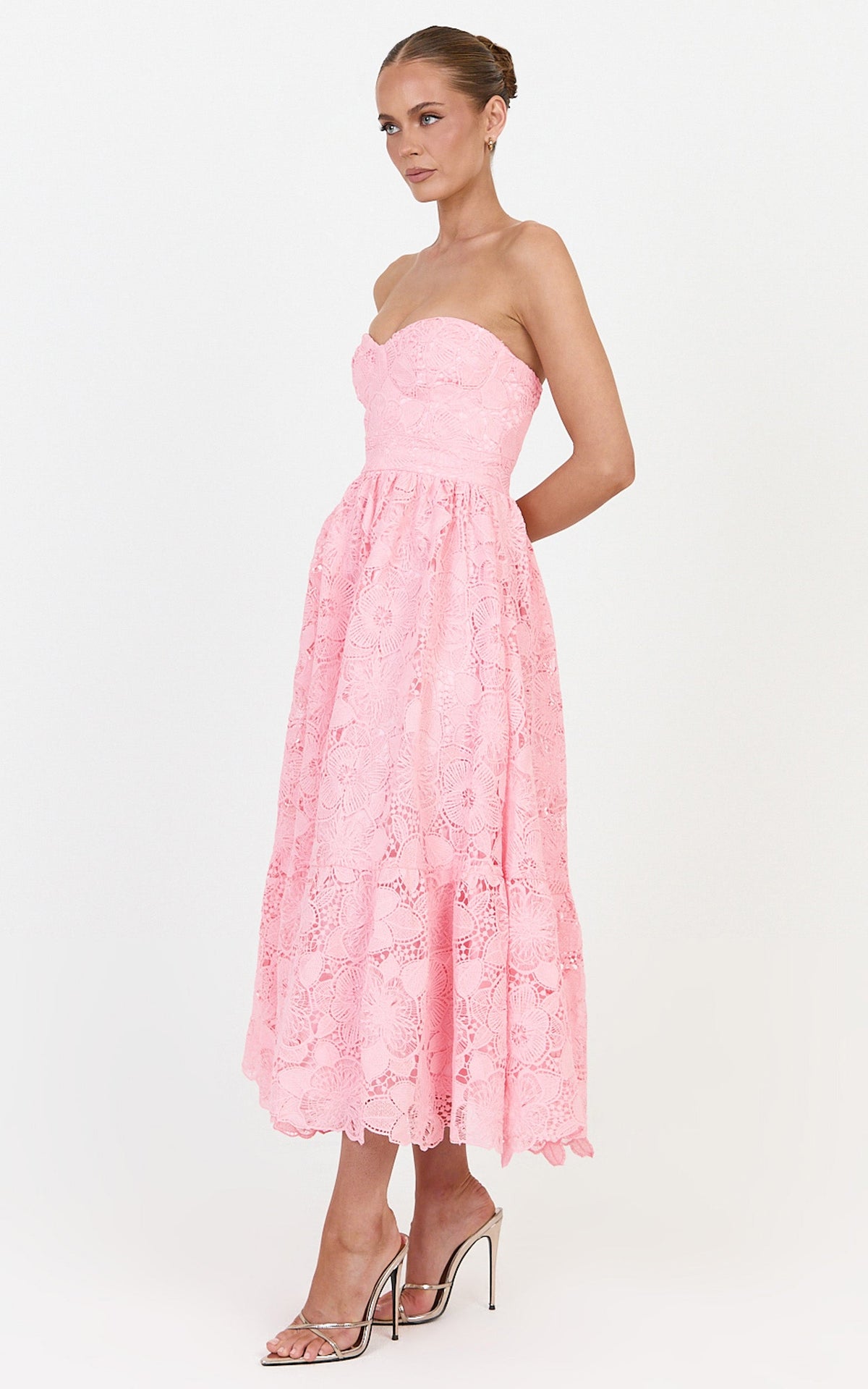 Gabriela Midi Dress - Strapless Lace Dress in Light Pink