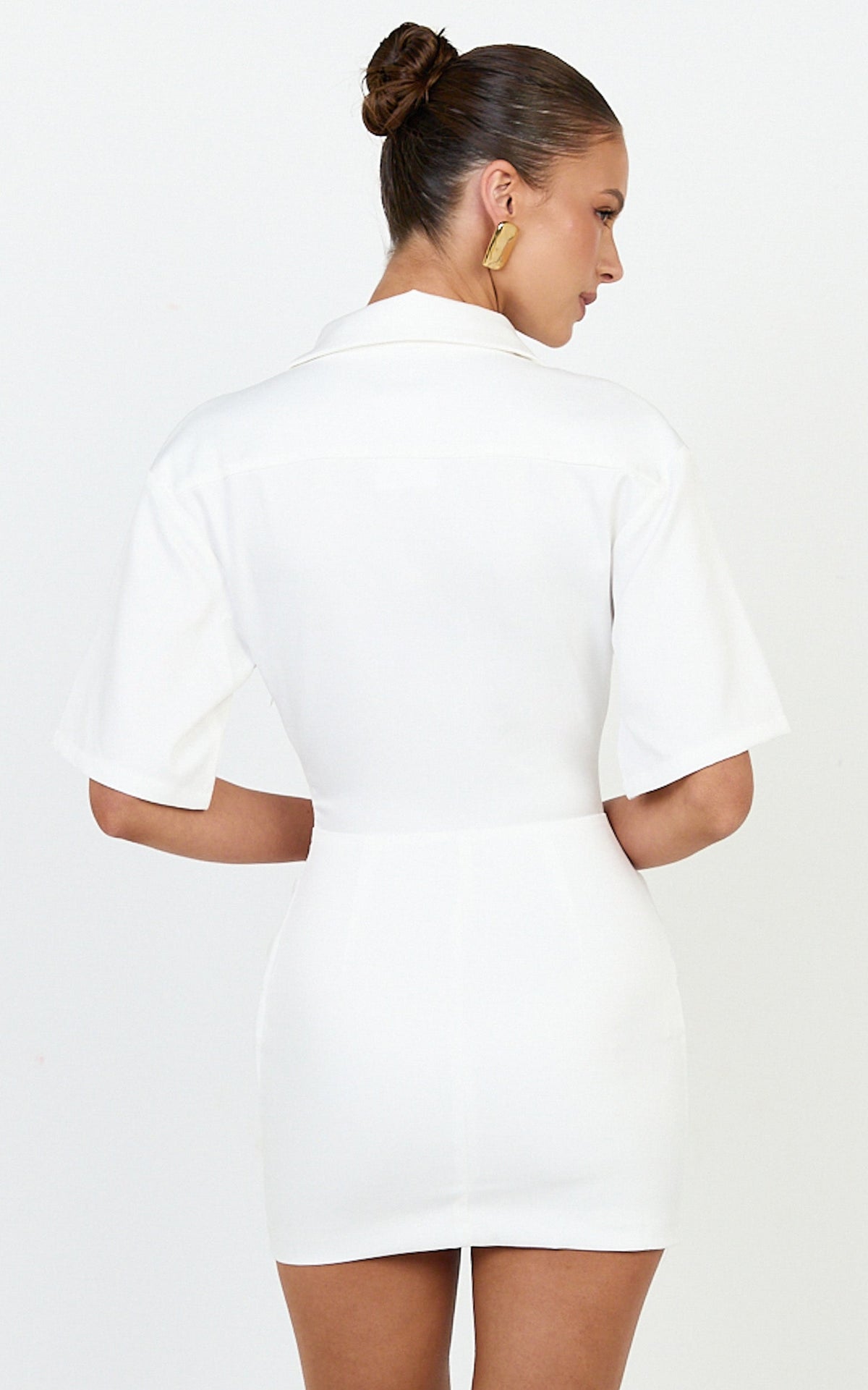 Leora Mini Dress - Button Front Draped Cowl Waist Dress in Off White