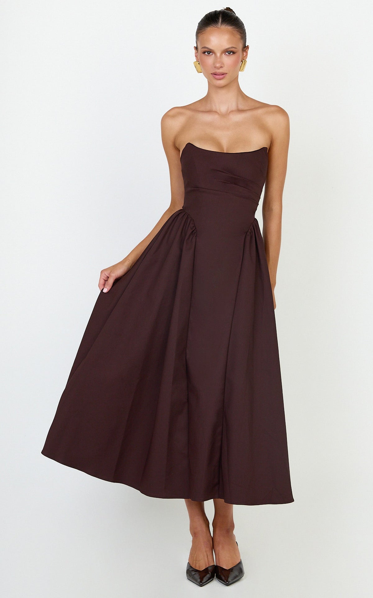 Amara Midi Dress - Strapless Fit And Flare Dress in Chocolate