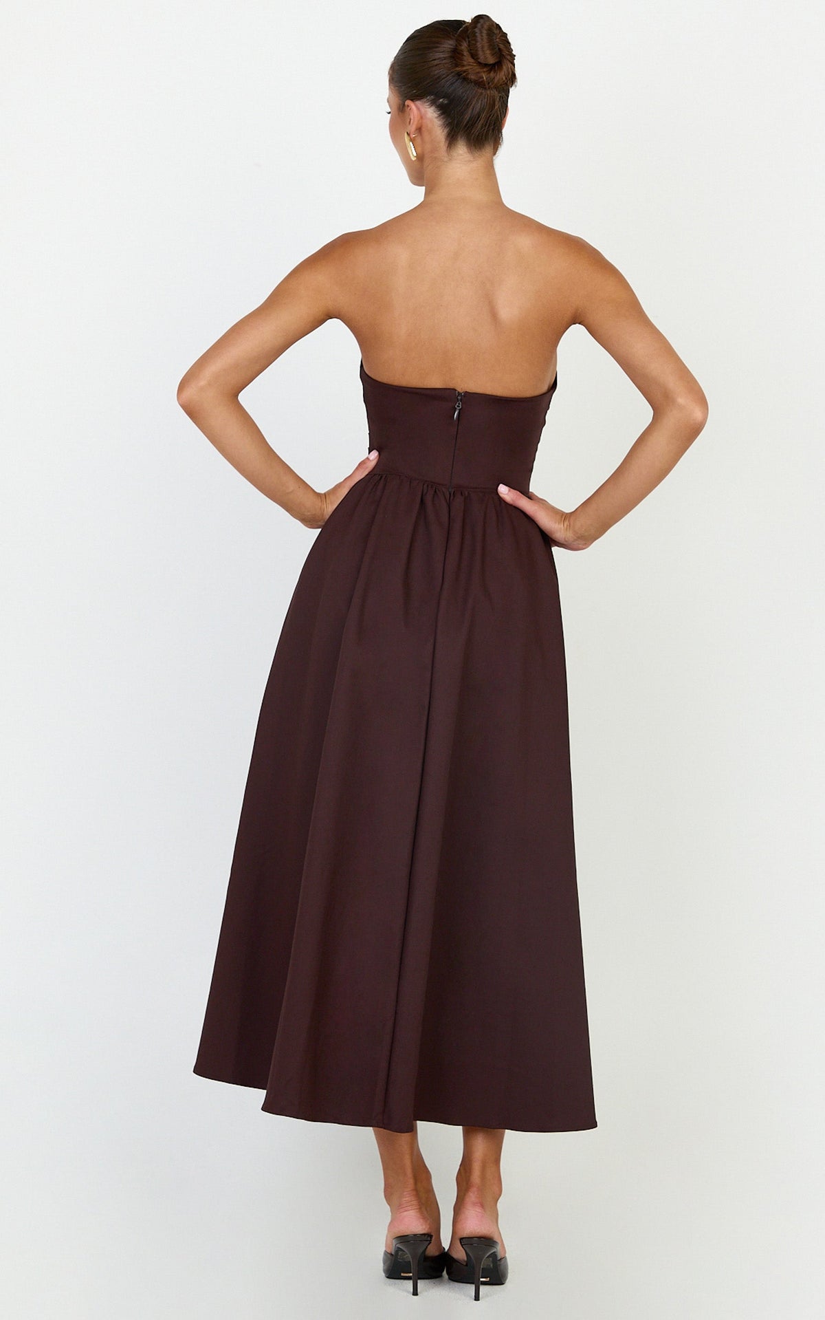 Amara Midi Dress - Strapless Fit And Flare Dress in Chocolate