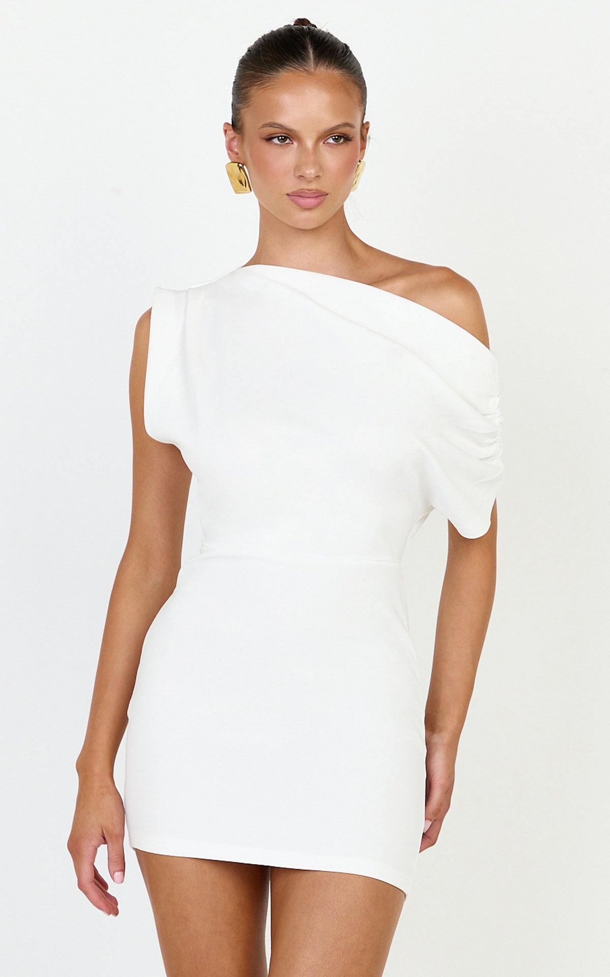 Nalfie Mini Dress - Tipped Shoulder Jersey Drape Dress in White