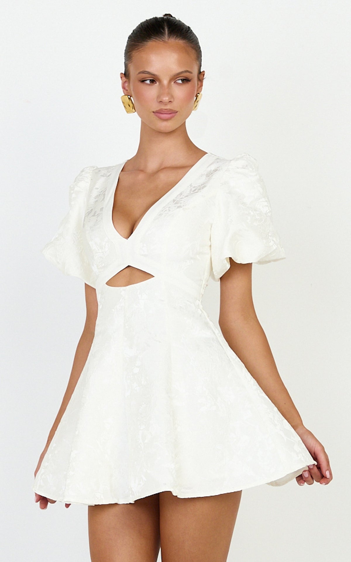 Rosalie Mini Dress - Floral Jacquard V Neck Fit and Flare Dress in White