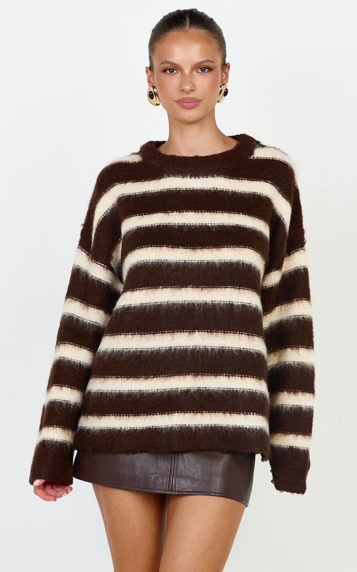 Aria Jumper - Fluffy Striped Knit Jumper in Chocolate