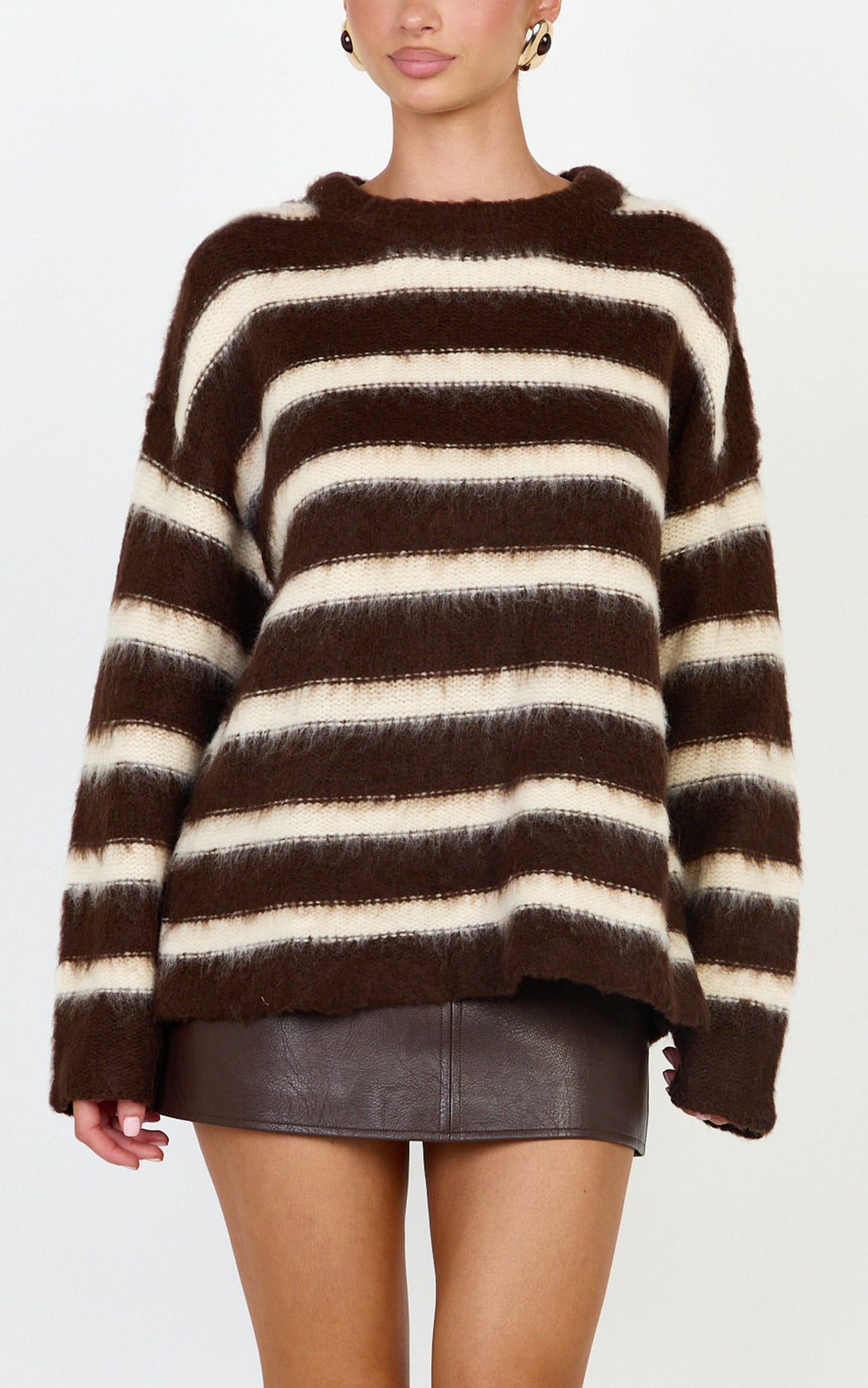 Aria Jumper - Fluffy Striped Knit Jumper in Chocolate