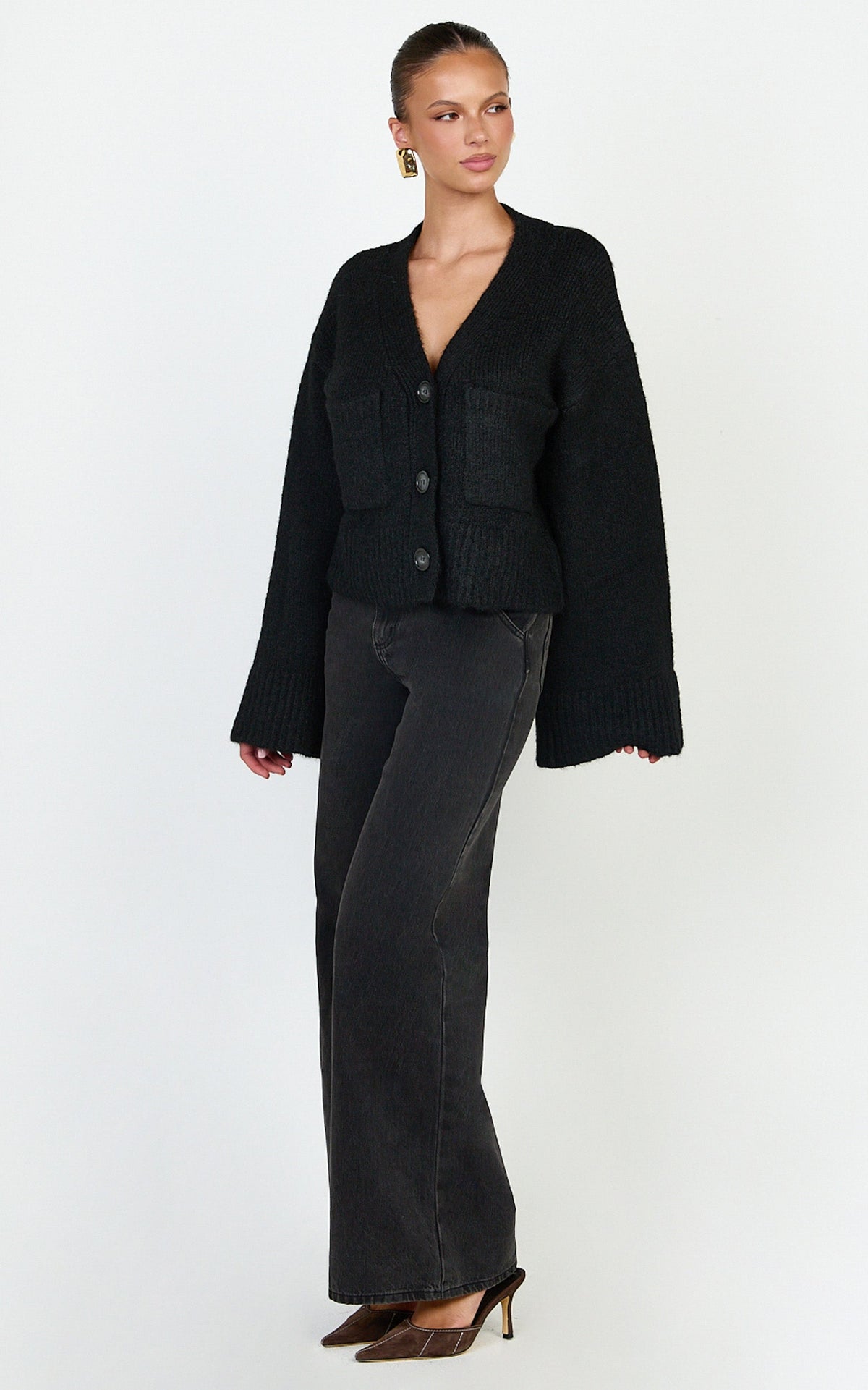 Becka Cardigan - Oversized Recycled Knitted Button Through Cardigan in Black