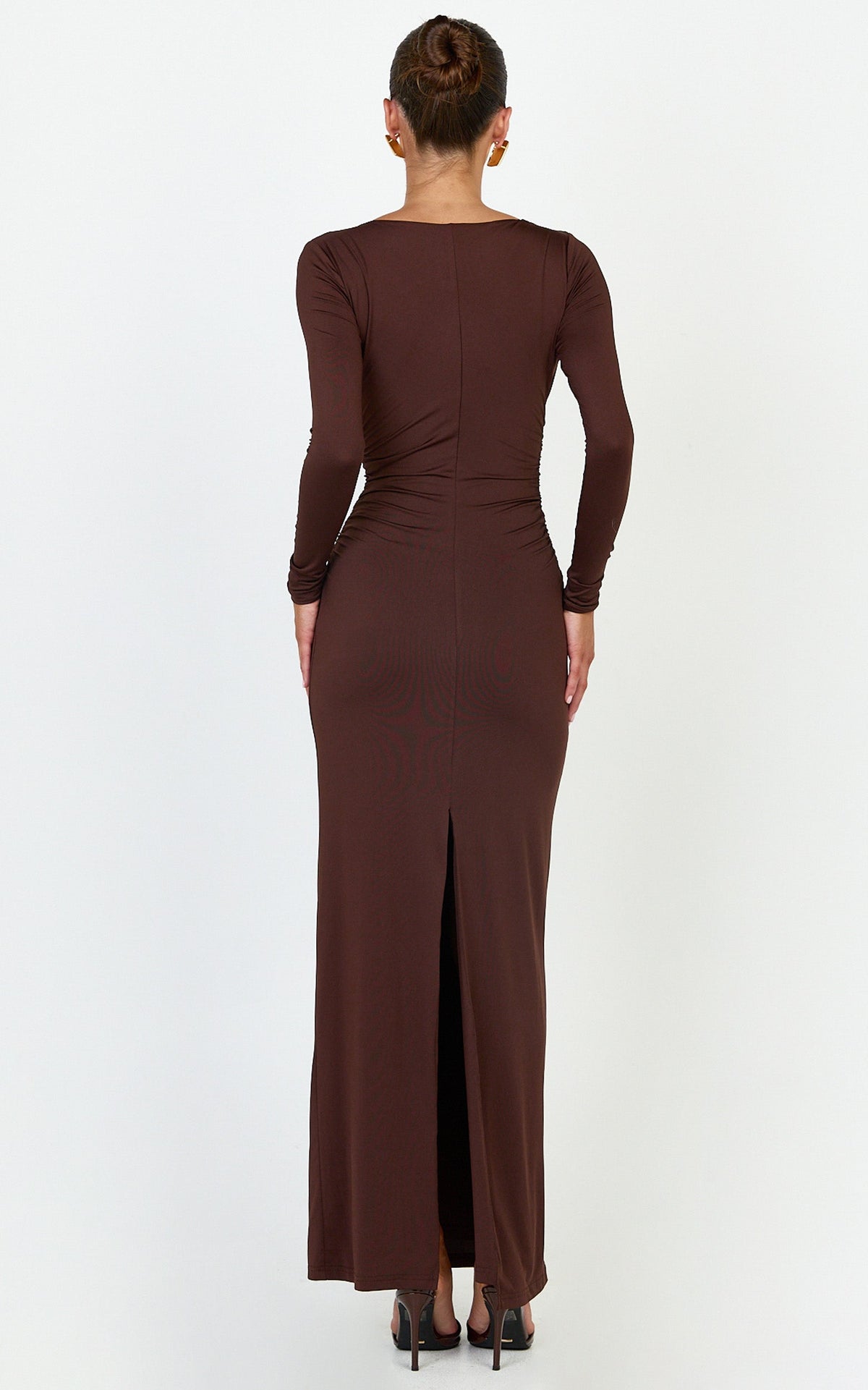 Juniper Maxi Dress - V Neckline Long Sleeve Gathered Detail Dress in Dark Chocolate