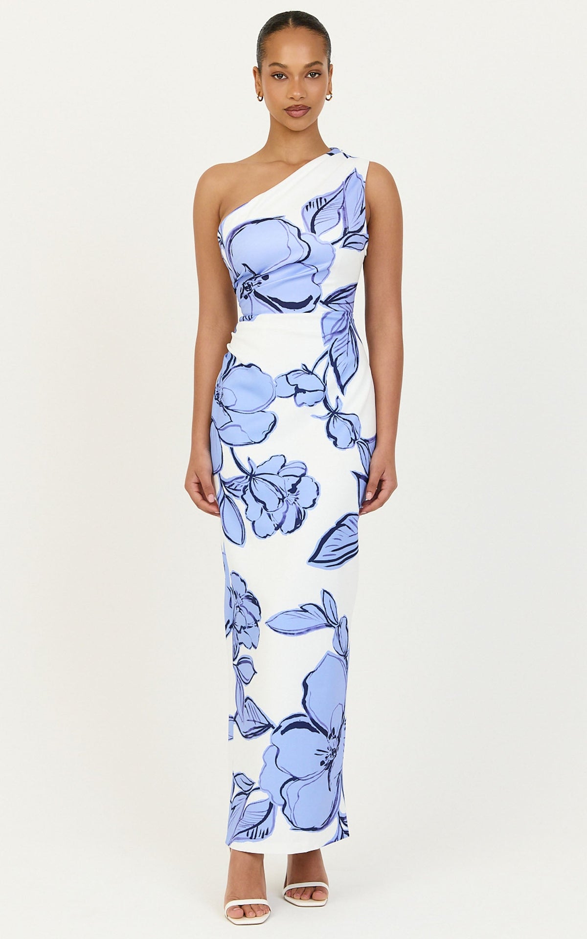 Elke Midi Dress - One Shoulder Fitted Dress in Blue Bouquet Di Fiori Print