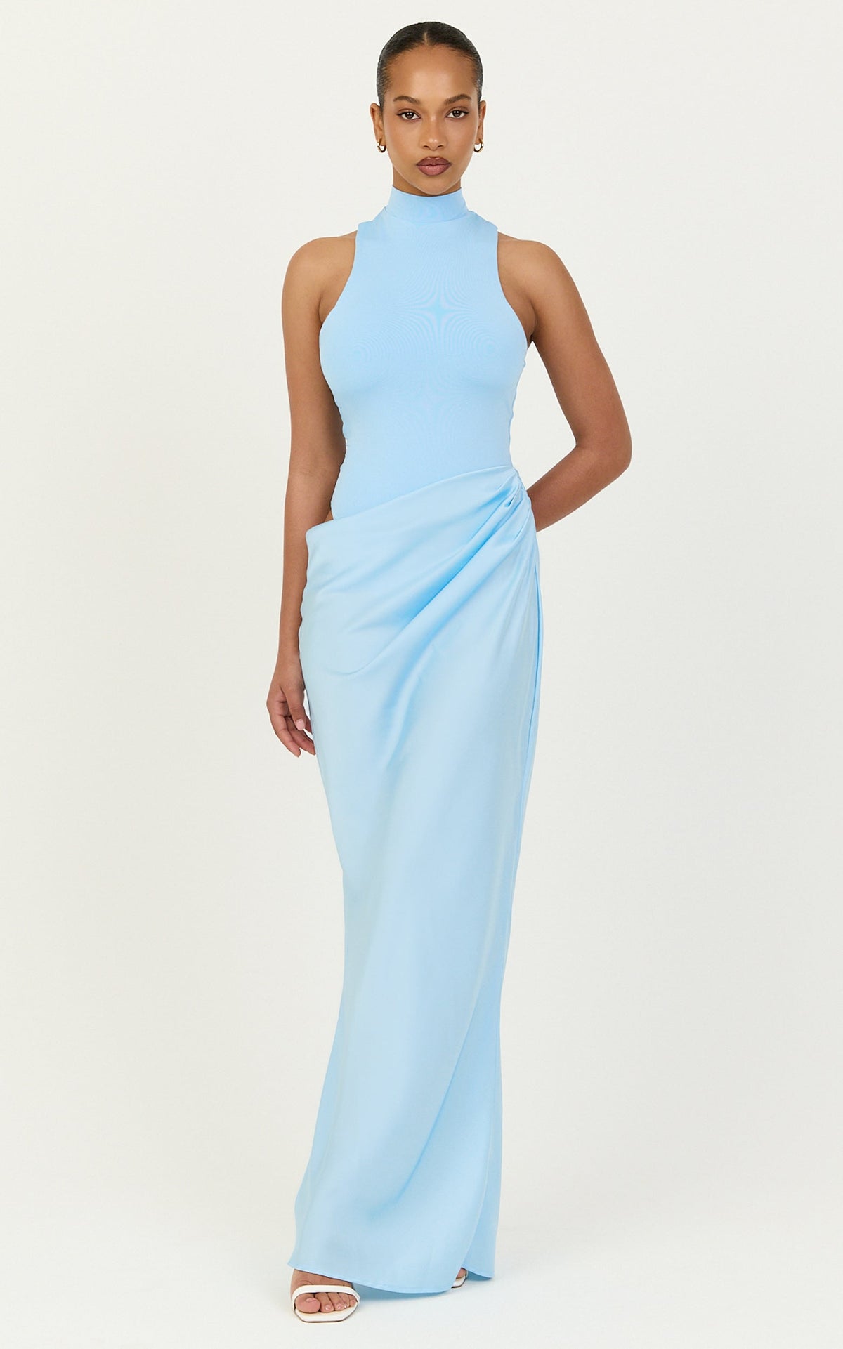 Elodie Maxi Dress - High Neck Draped Overlay Dress in Light Blue