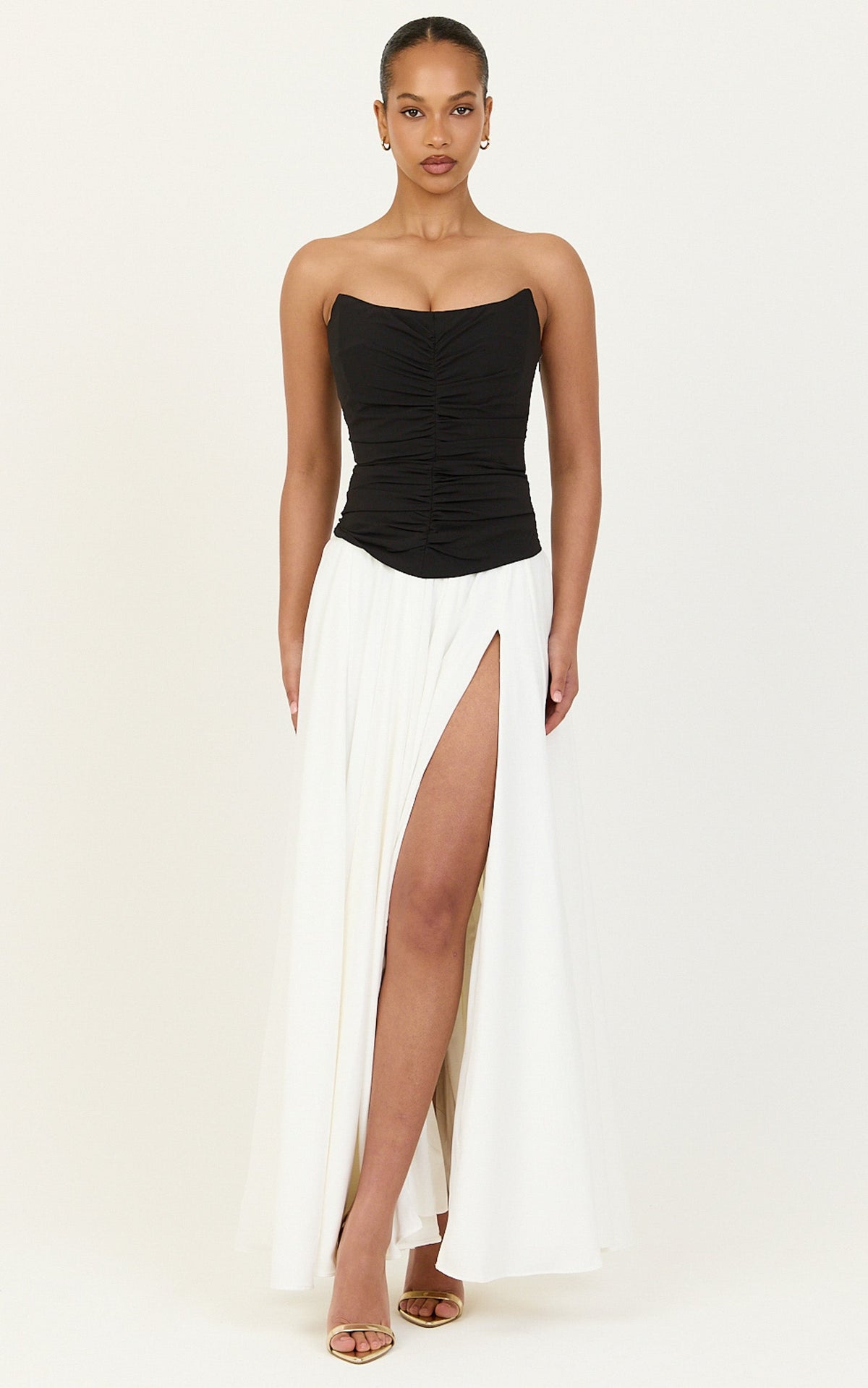 Evelina Maxi Dress - Strapless Corset Dress With Contrast Gathered Skirt in White/Black