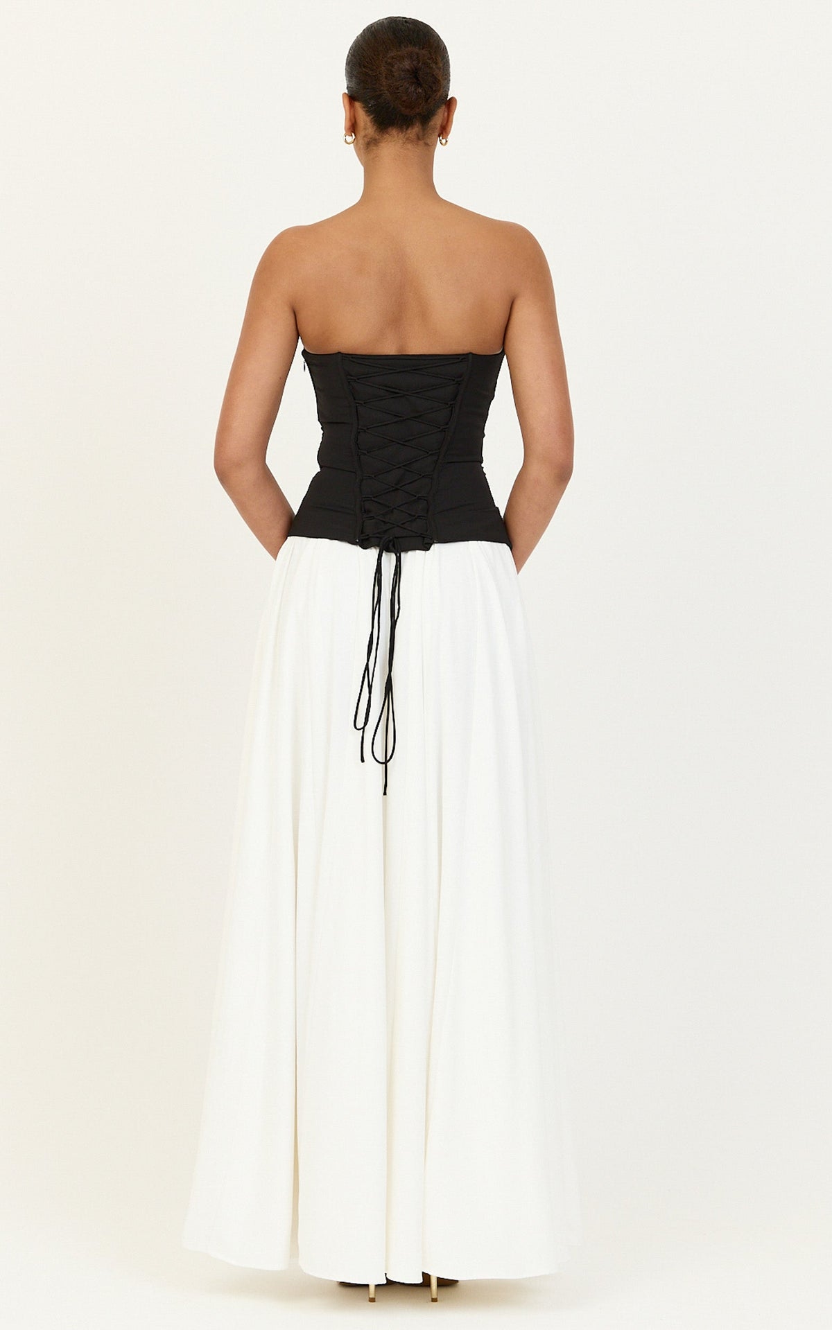 Evelina Maxi Dress - Strapless Corset Dress With Contrast Gathered Skirt in White/Black