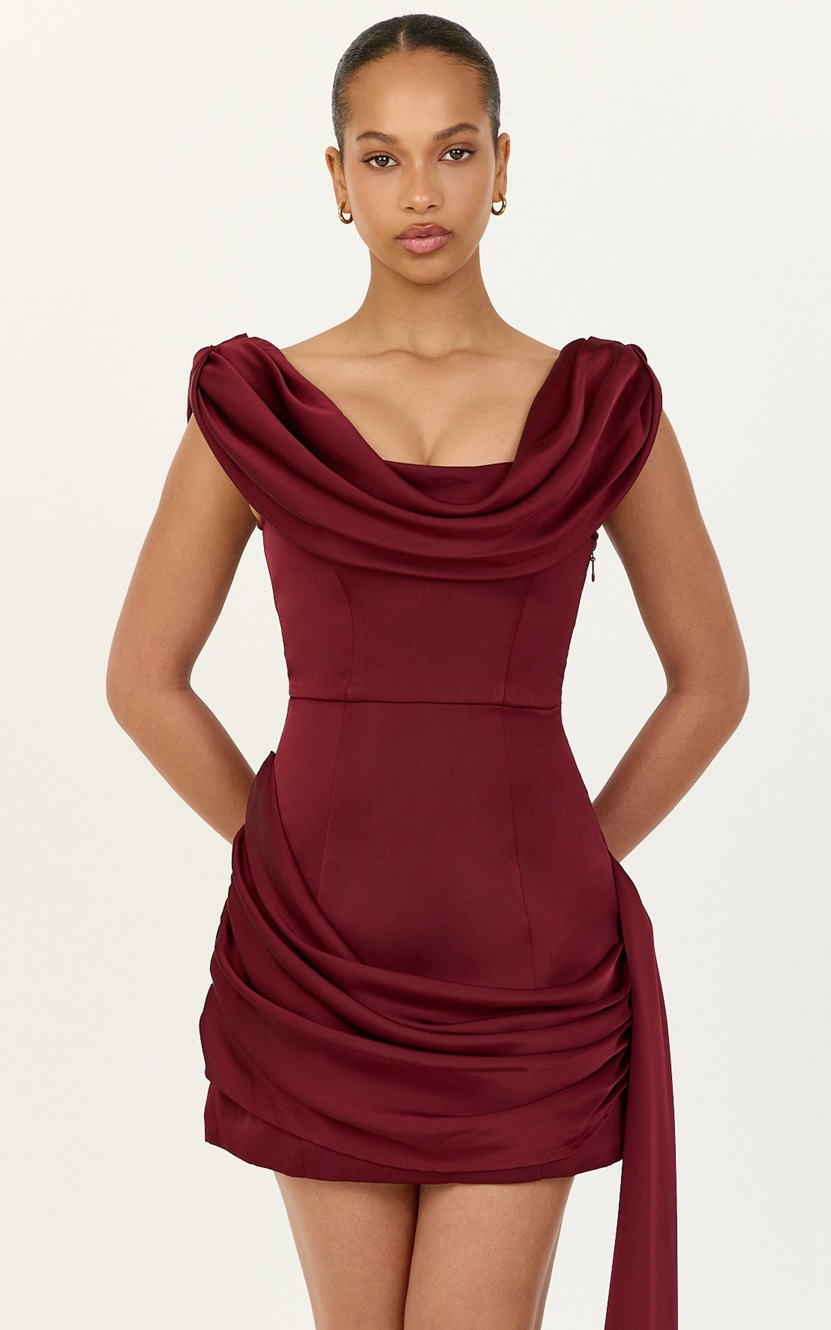 Joni Mini Dress - Off The Shoulder Draped Dress With Waist Sash in Wine