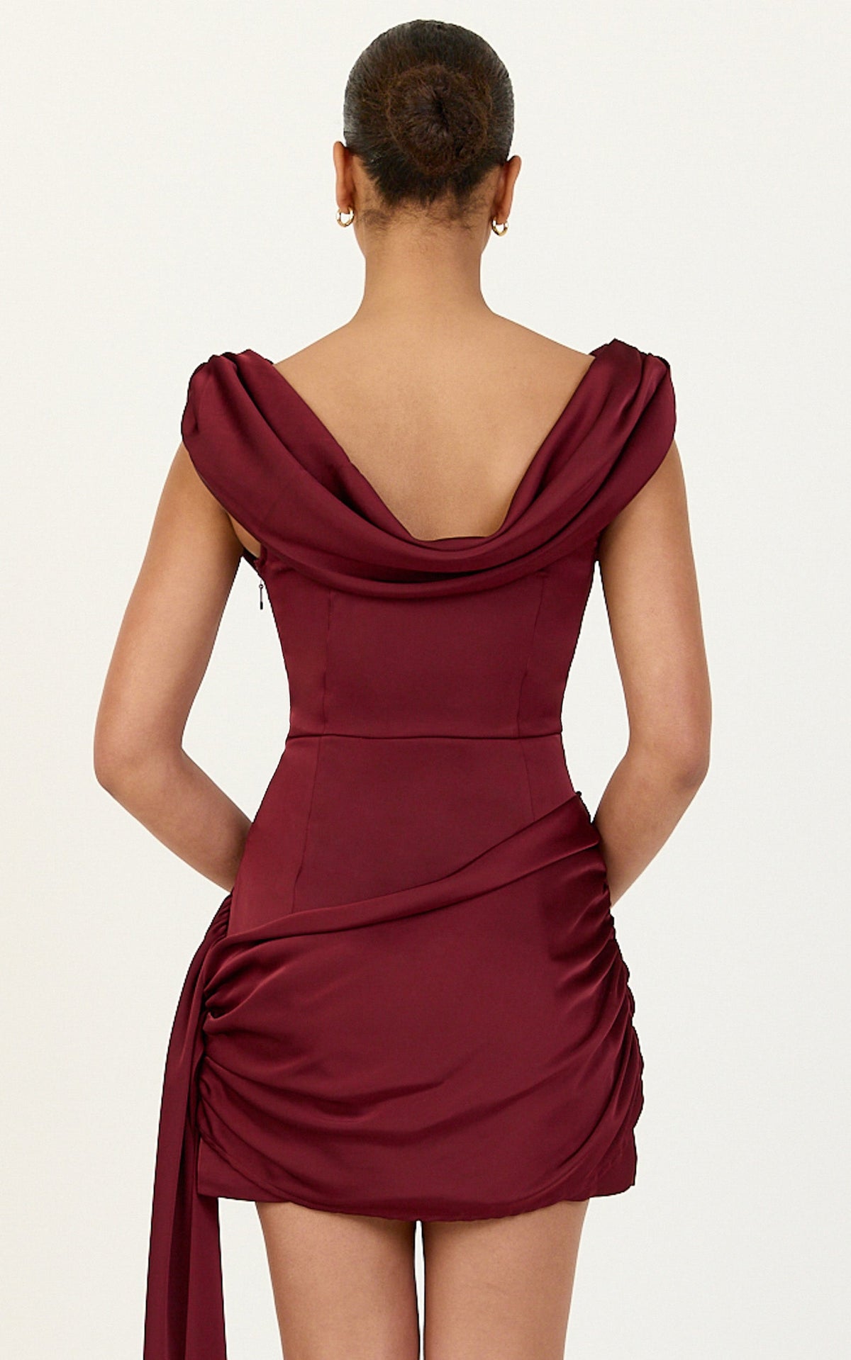 Joni Mini Dress - Off The Shoulder Draped Dress With Waist Sash in Wine