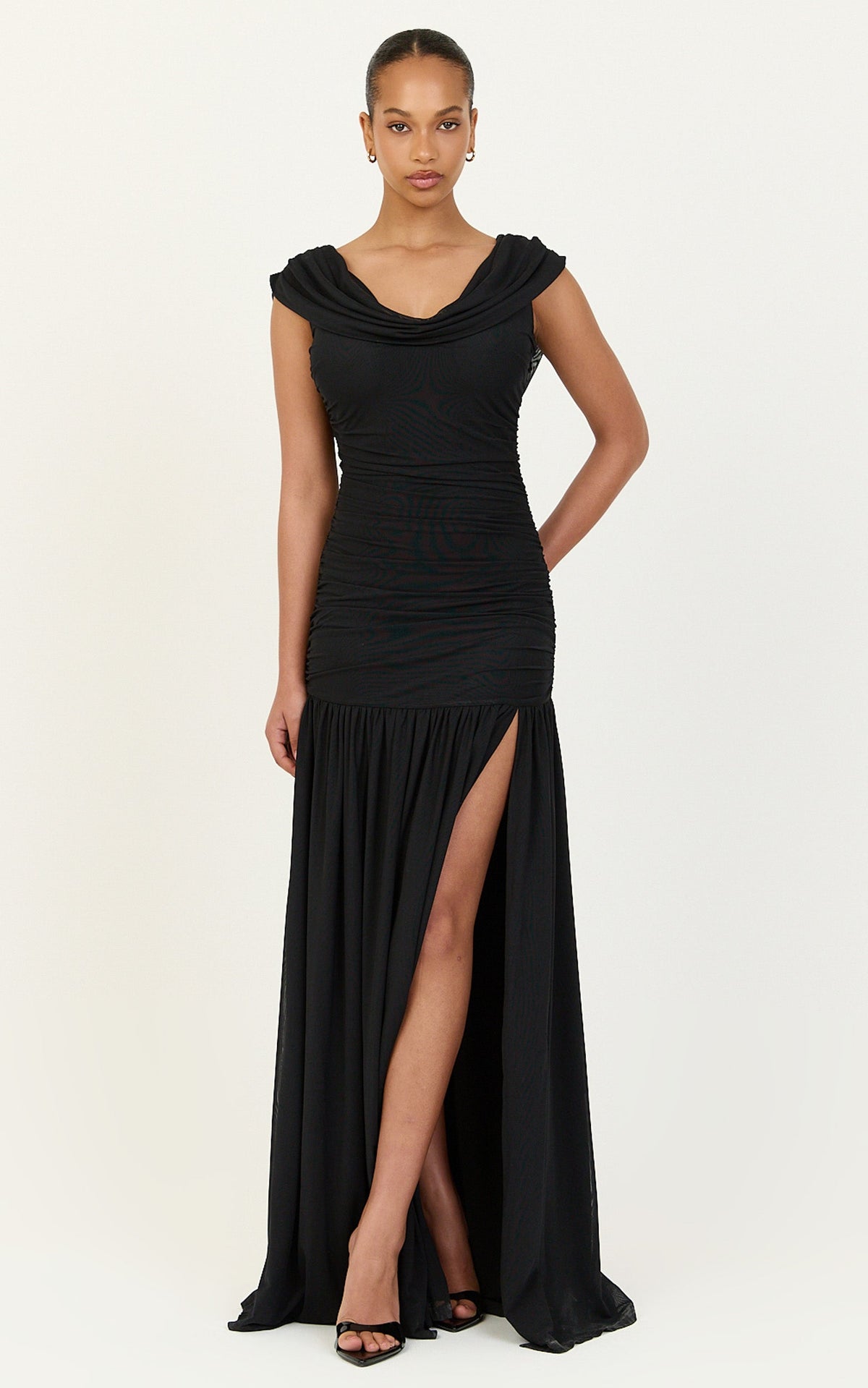 Lume Maxi Dress - Cowl Neck Ruched Dress With Drop Waist And Tie Detail in Black